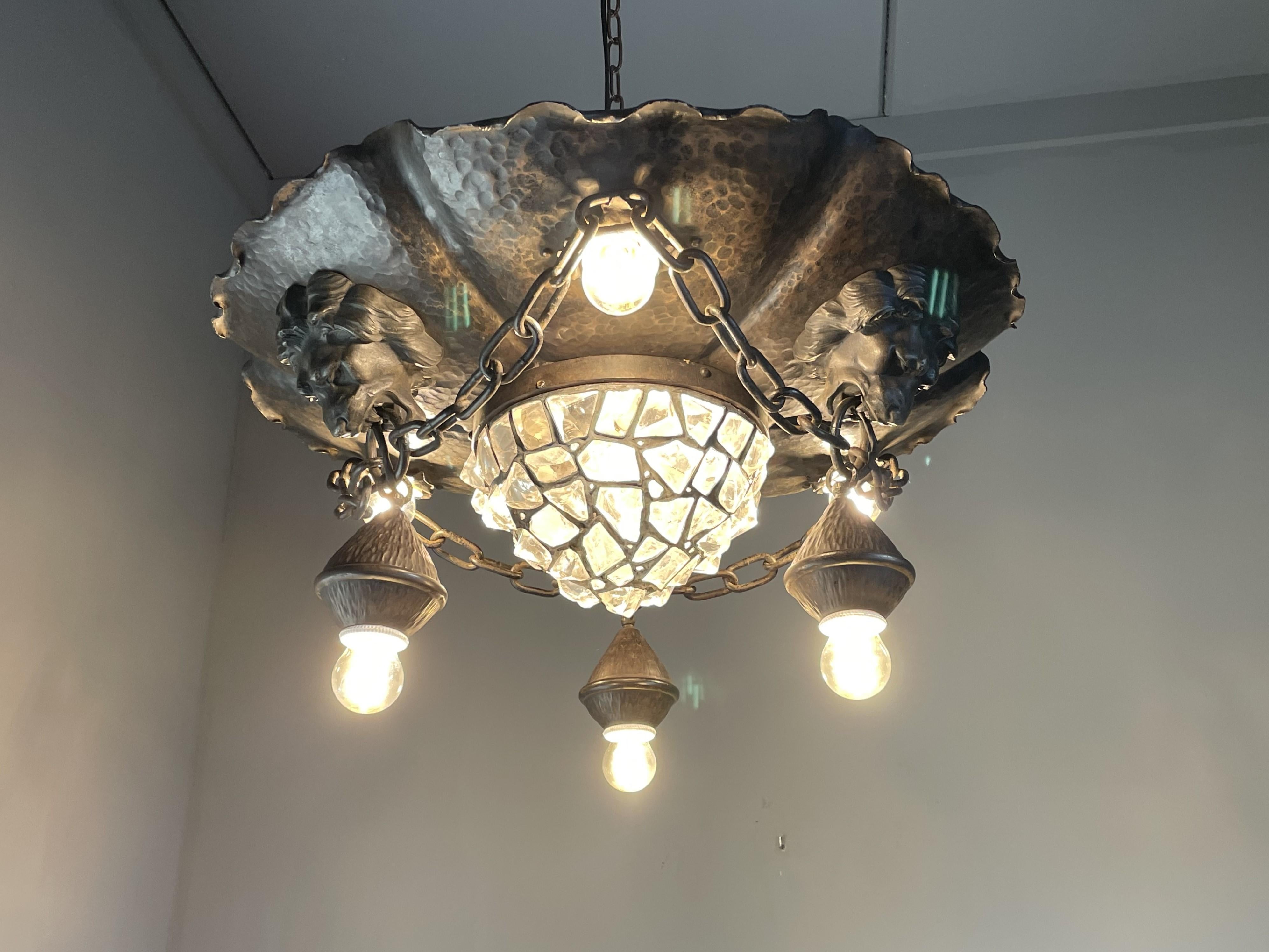 Arts and Crafts Antique & Large Wrought Iron and Chunky Glass & Lion Sculptures Flush Mount 1910