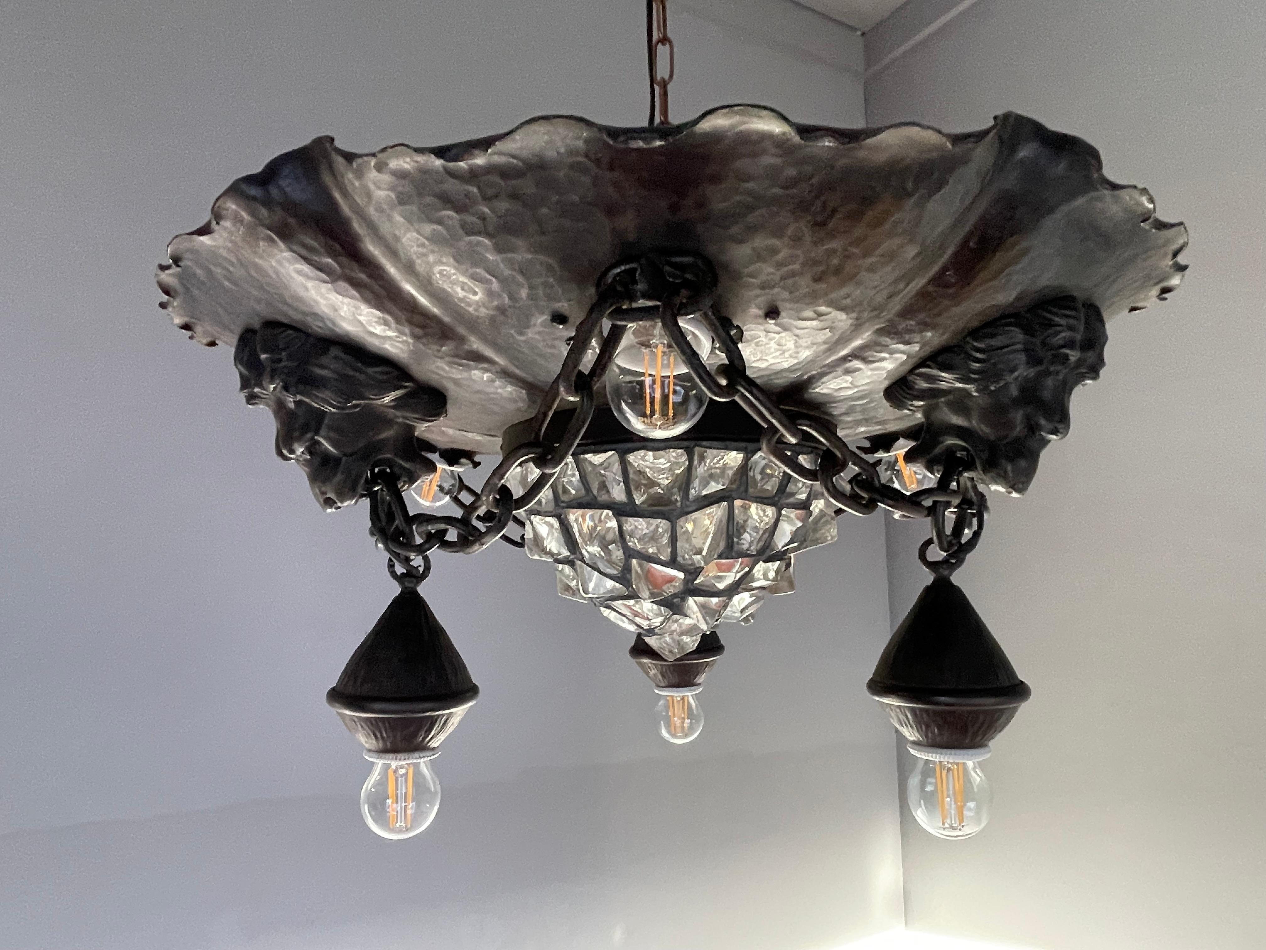 European Antique & Large Wrought Iron and Chunky Glass & Lion Sculptures Flush Mount 1910