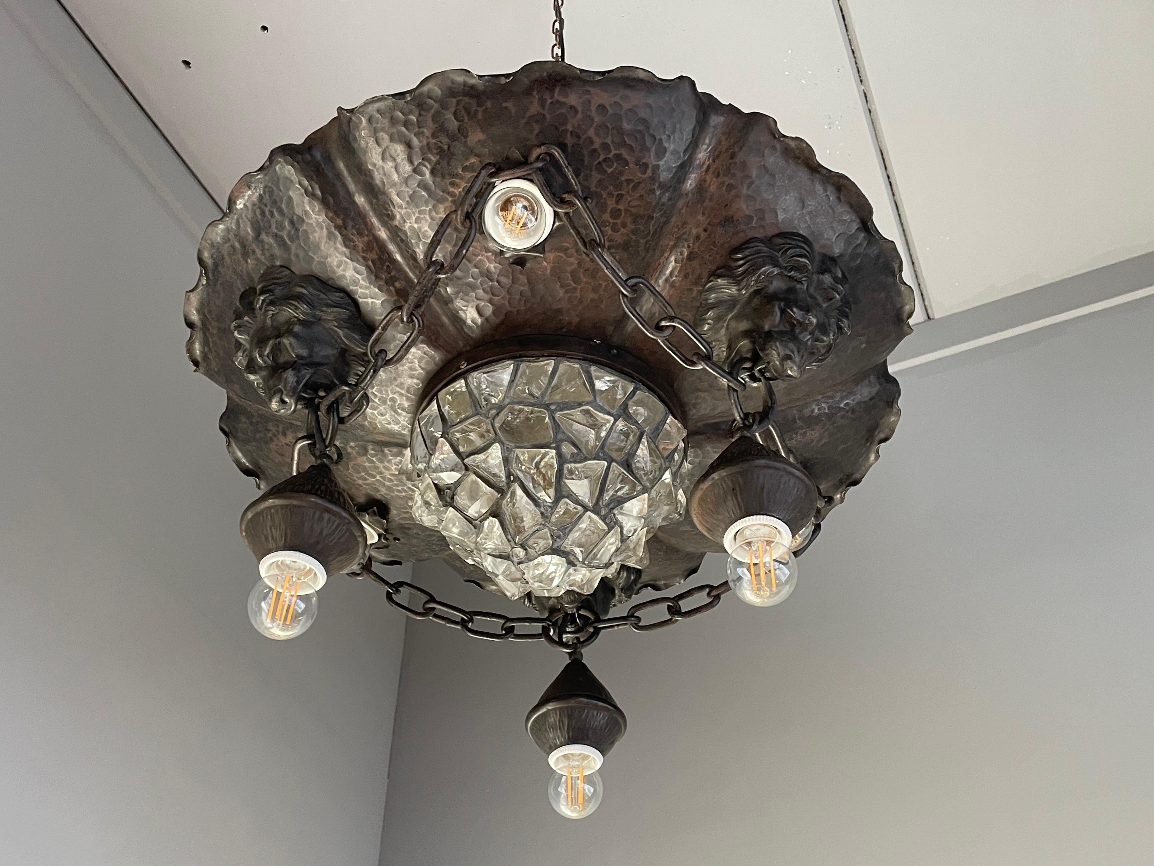 Antique & Large Wrought Iron and Chunky Glass & Lion Sculptures Flush Mount 1910 In Excellent Condition In Lisse, NL