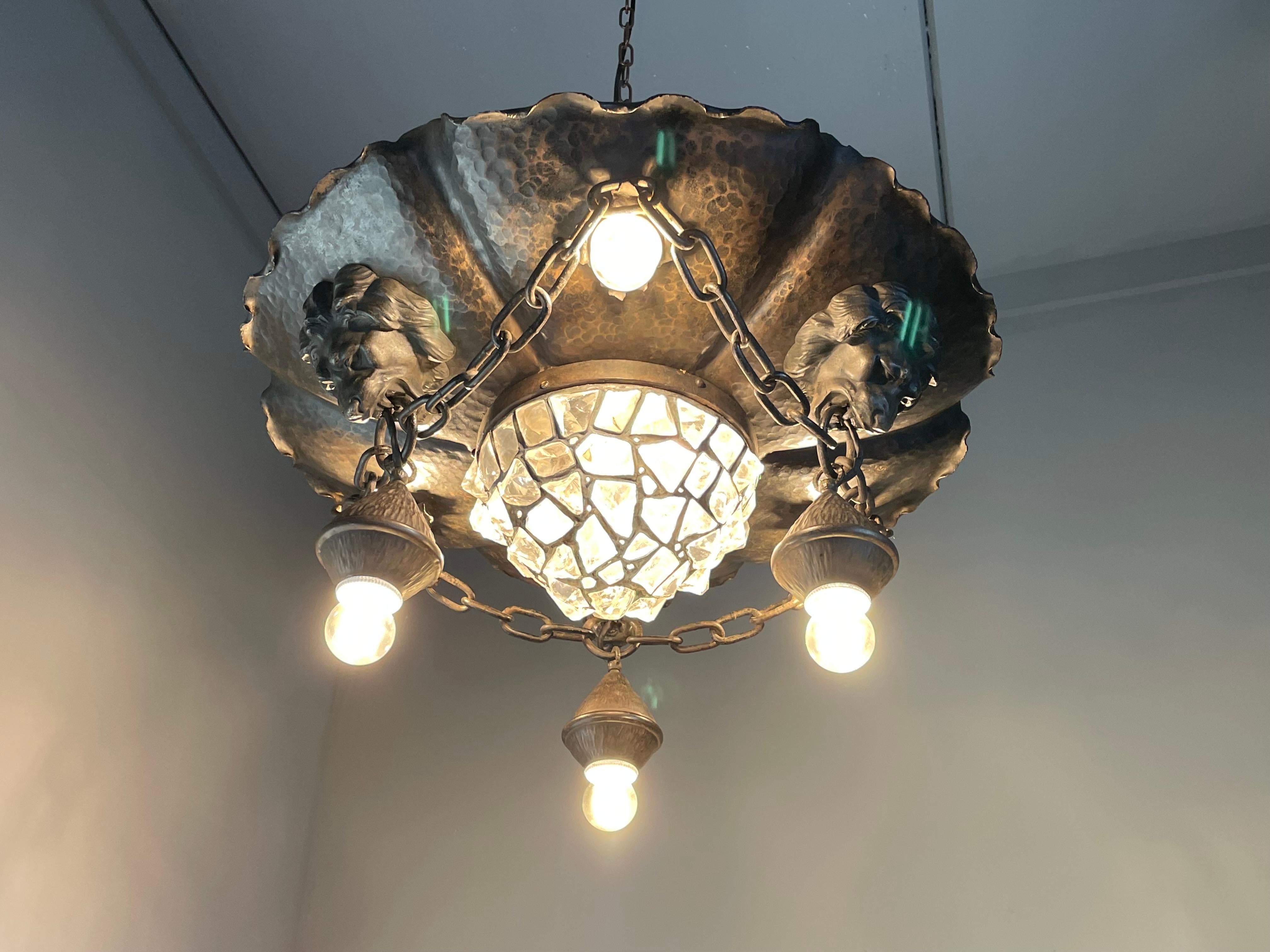 20th Century Antique & Large Wrought Iron and Chunky Glass & Lion Sculptures Flush Mount 1910
