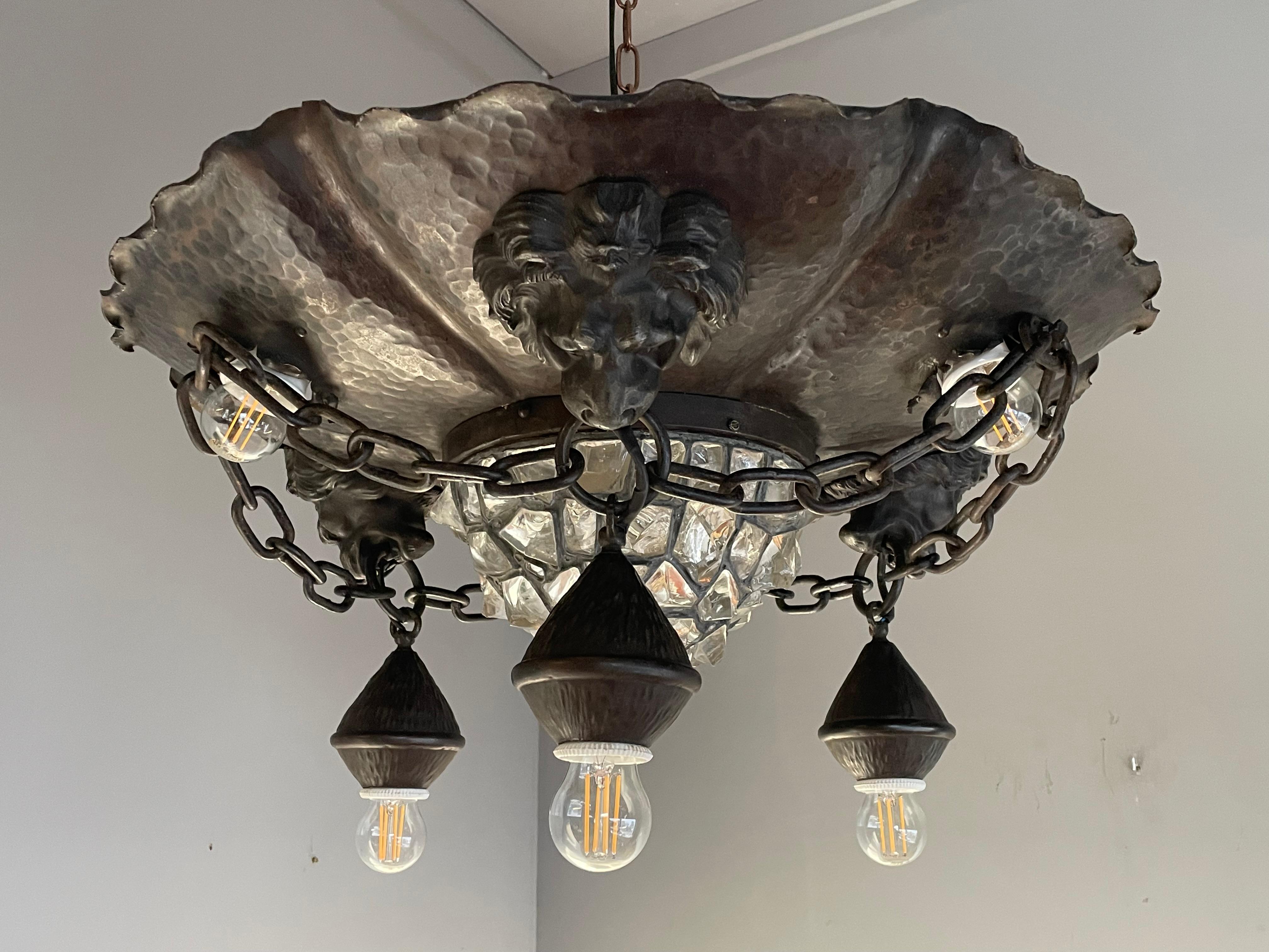 Brass Antique & Large Wrought Iron and Chunky Glass & Lion Sculptures Flush Mount 1910