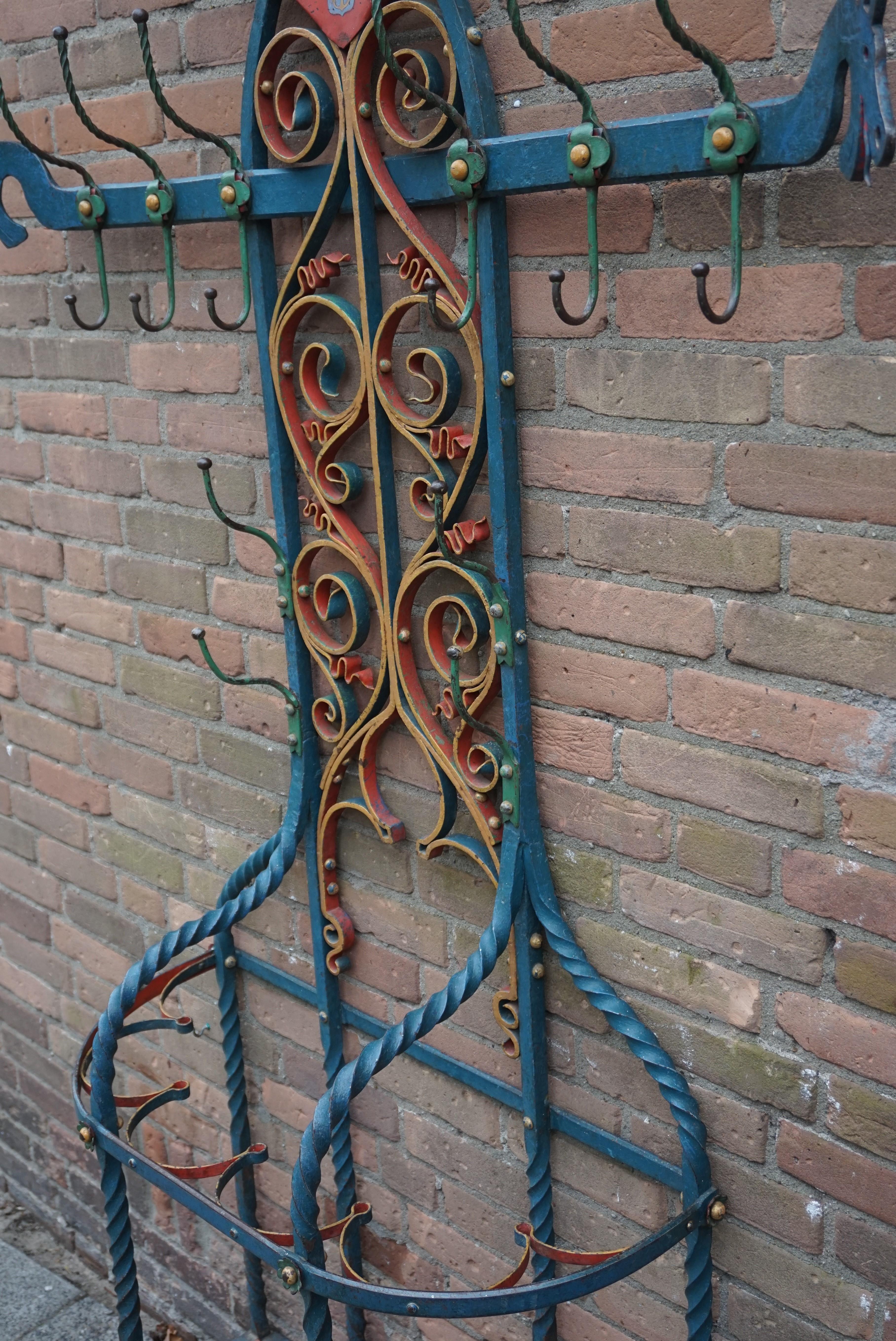 Antique and Large Wrought Iron Gothic Revival Hall Coat Rack with Umbrella Stand For Sale 8