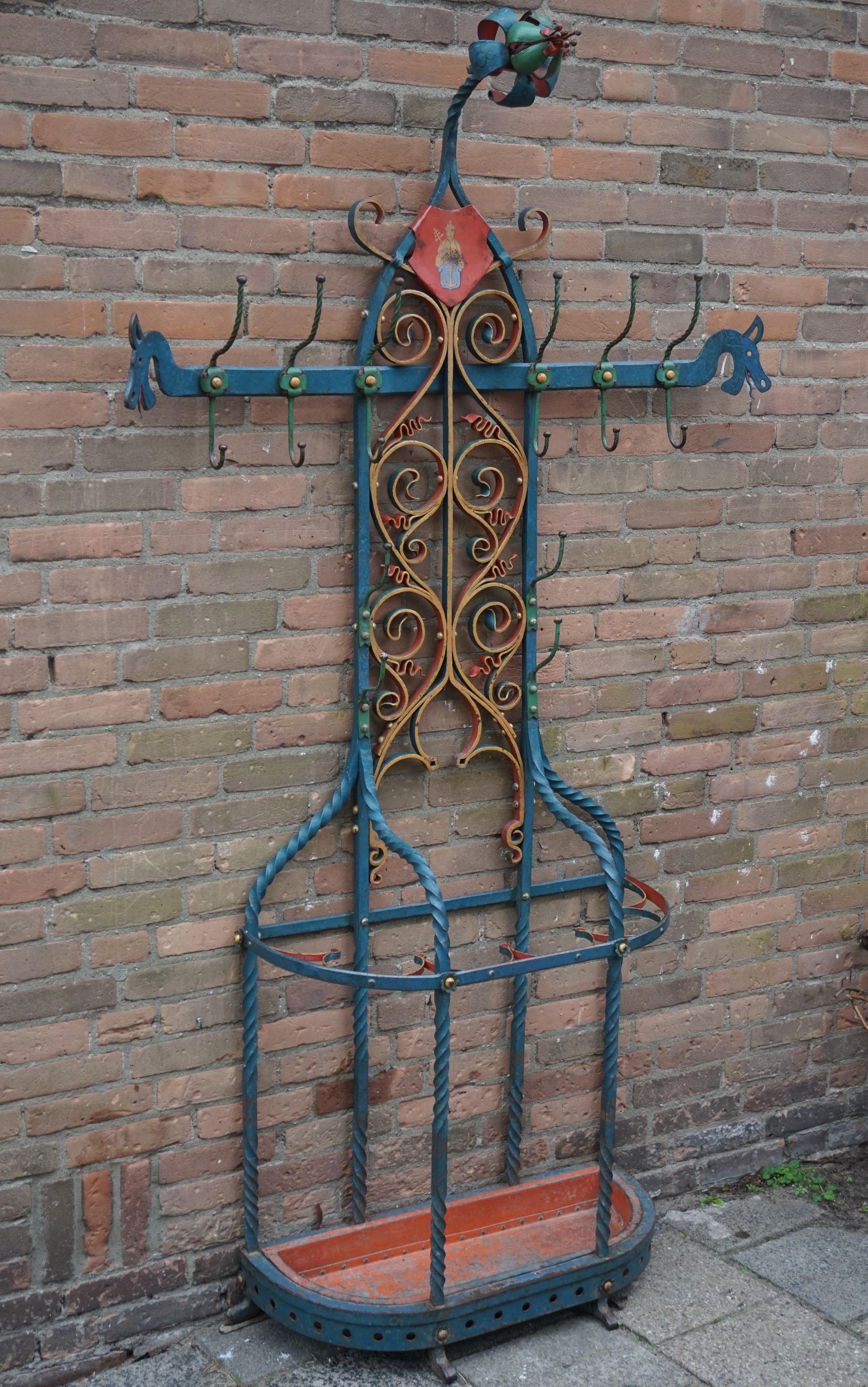 Antique and Large Wrought Iron Gothic Revival Hall Coat Rack with Umbrella Stand For Sale 12