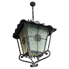 Antique Large Wrought Iron Porch or Hallway Lantern / Pendant w. Cathedral Glass