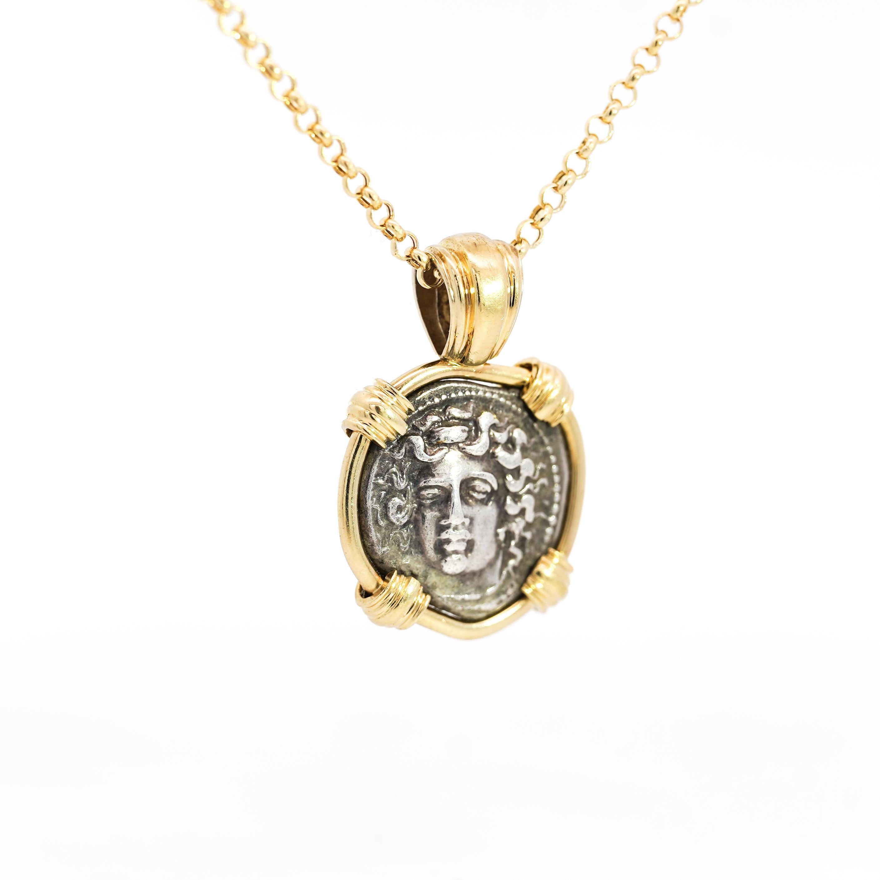 Classical Greek Antique Larissa Greek Coin in 18K Gold Frame Pendant For Sale