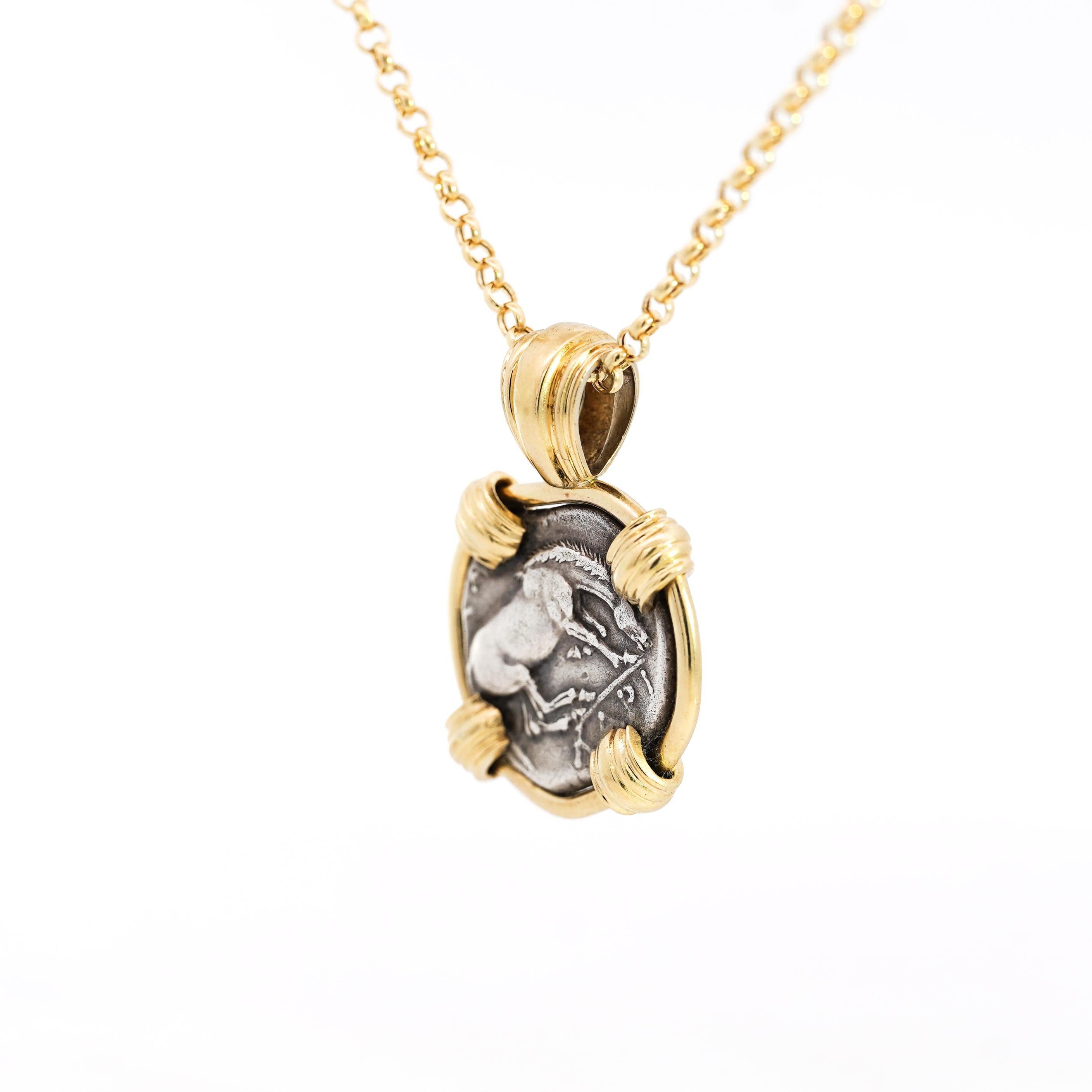 Women's Antique Larissa Greek Coin in 18K Gold Frame Pendant For Sale