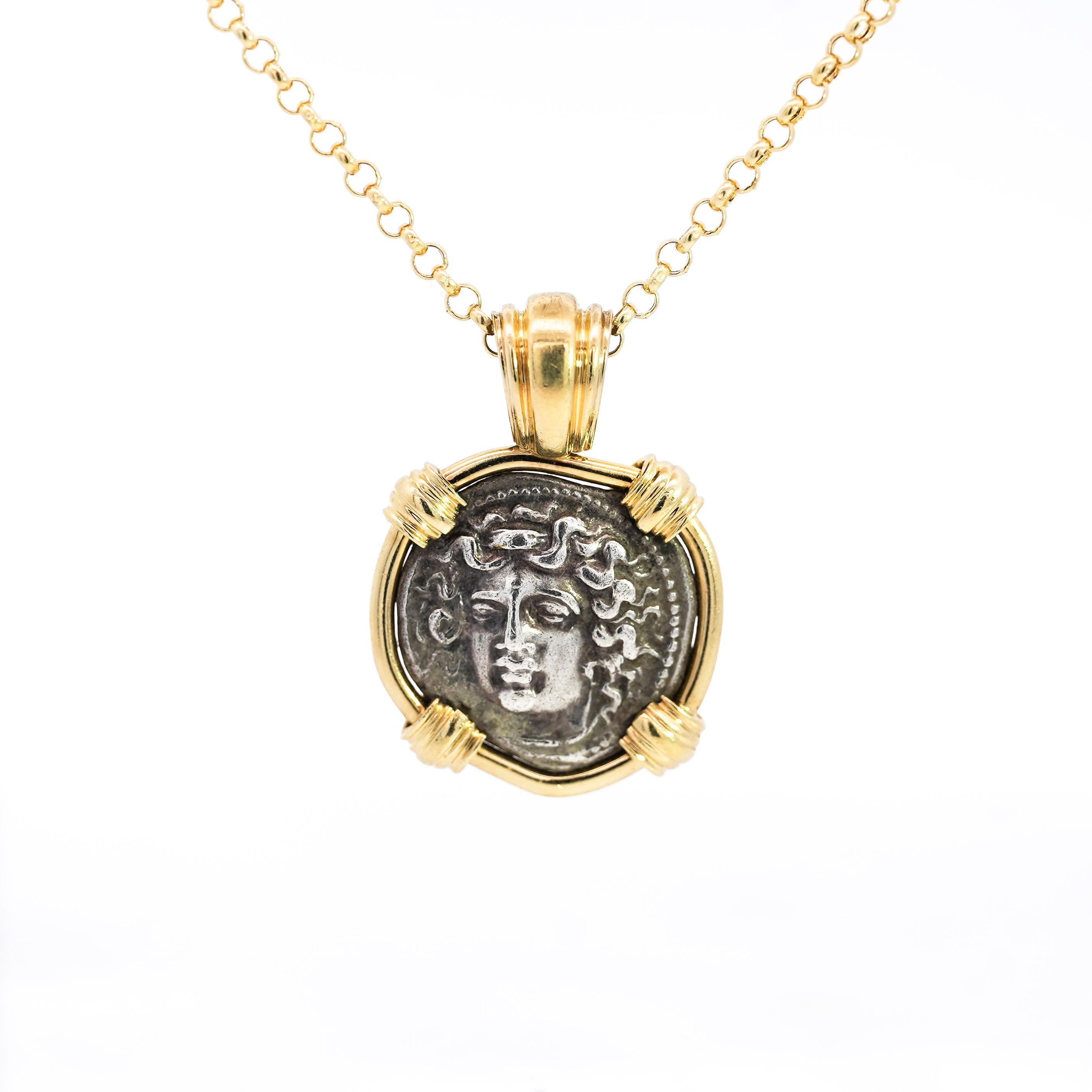 Antique Larissa Greek Coin in 18K Gold Frame Pendant For Sale 1