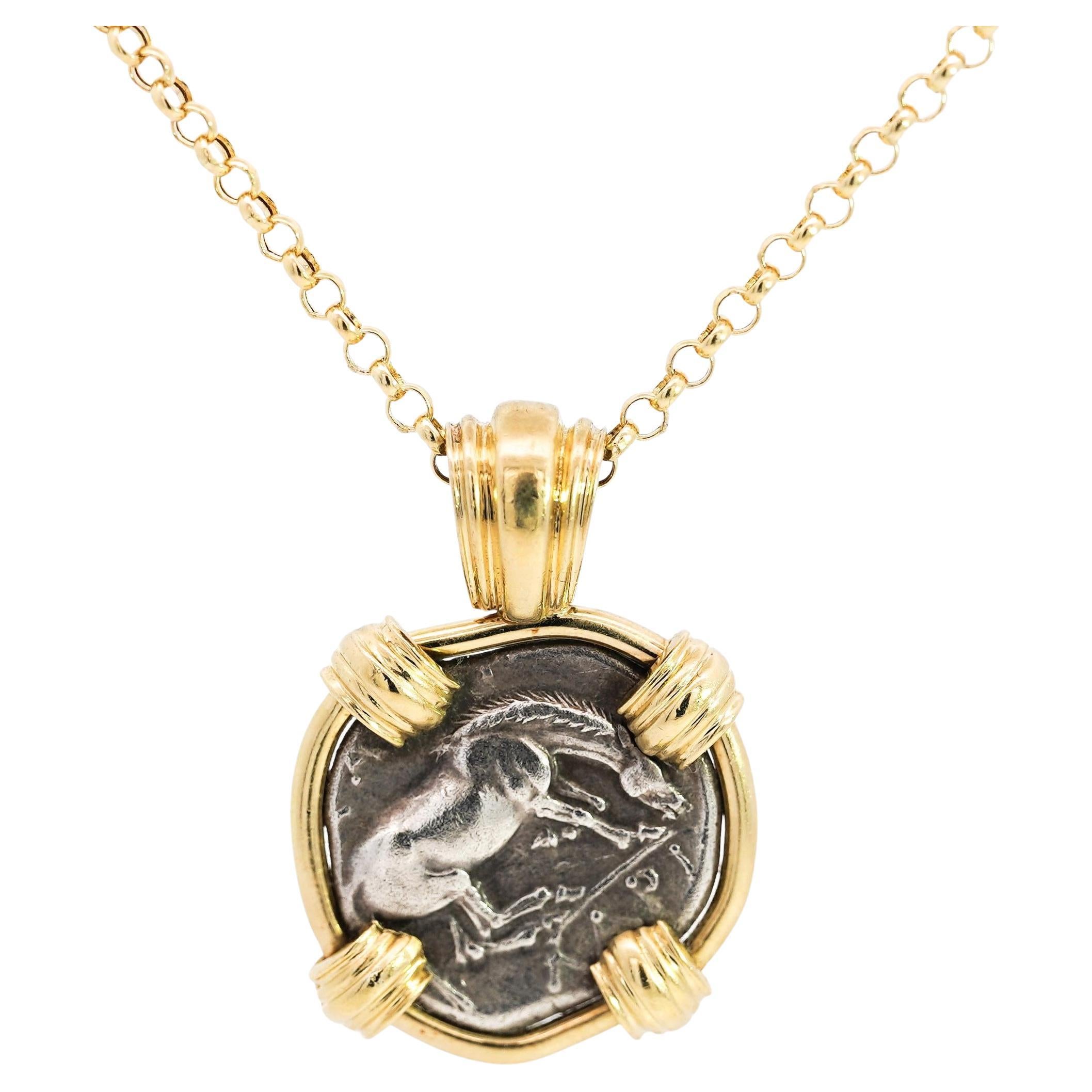 Antique Larissa Greek Coin in 18K Gold Frame Pendant For Sale