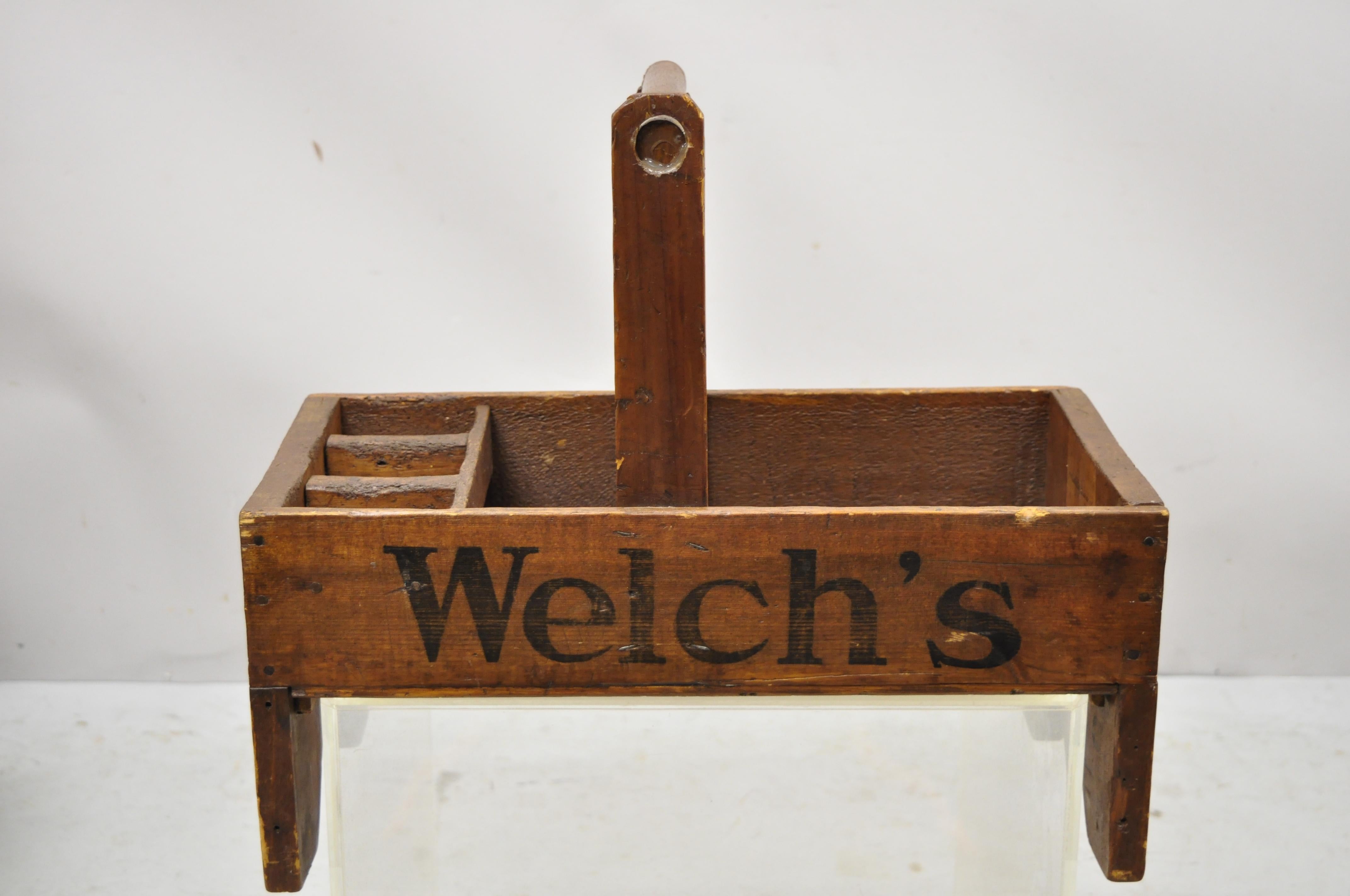 Antique Larkin & Son Welch's grape juice advertisement wooden work toolbox caddy. Item features remarkable patina, Welch's grape juice advertisement to sides, wooden handle, solid wood construction, very nice antique item. Original Larkin & Son, Co.