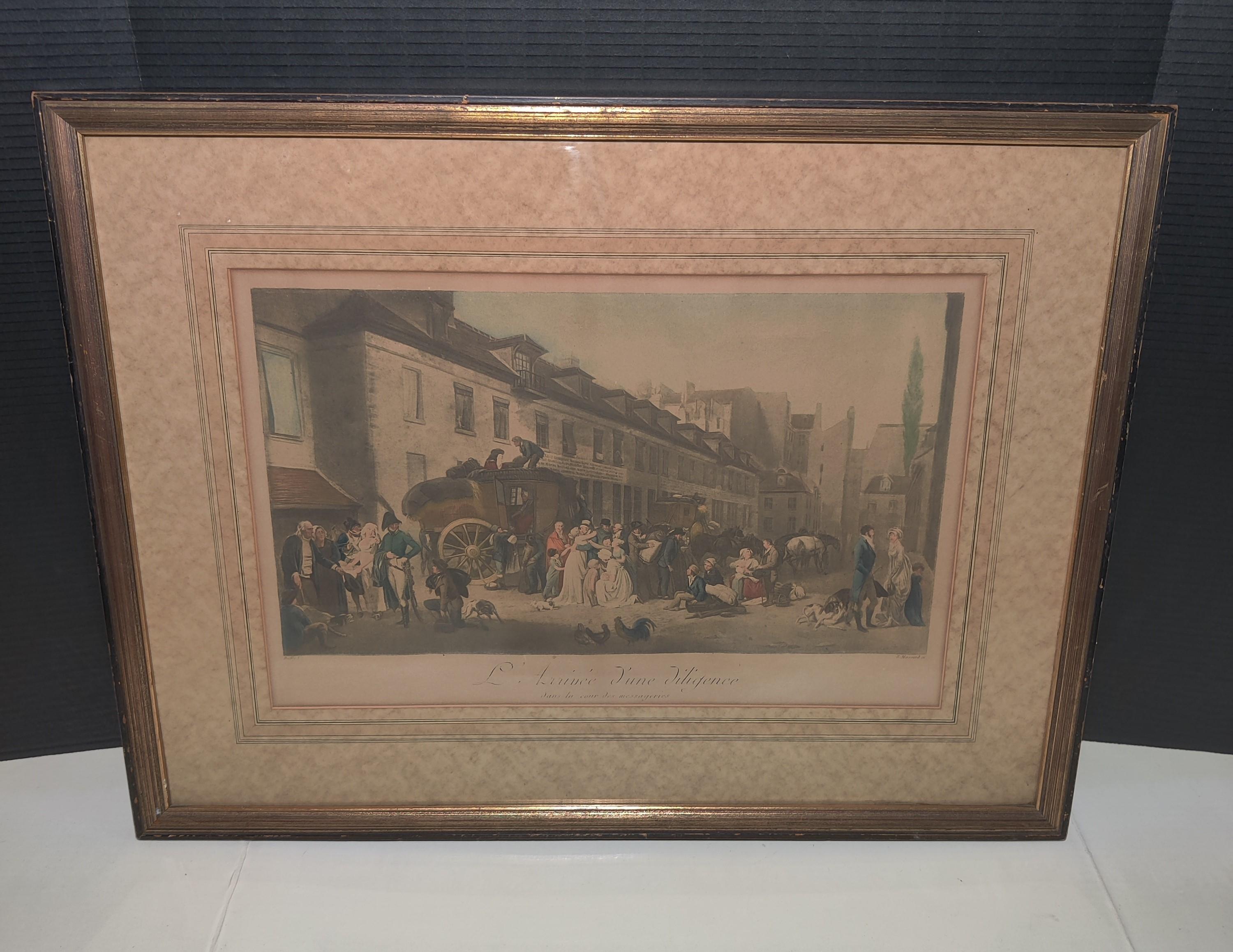Antiker L'arrivee D'une Diligence dans la Cour des Messageries L Boilly Druck
Abmessungen des Bildes 17,5 B x 11,5 H
Der Rahmen ist in gutem Zustand. 
Das Bild ist verblasst, entsprechend dem Alter.  
Der Druck zeigt eine Staatskutsche, die in einem
