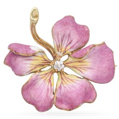 Antiguo broche Larter & Sons de oro amarillo de 14 quilates con esmalte y diamantes en forma de pensamiento