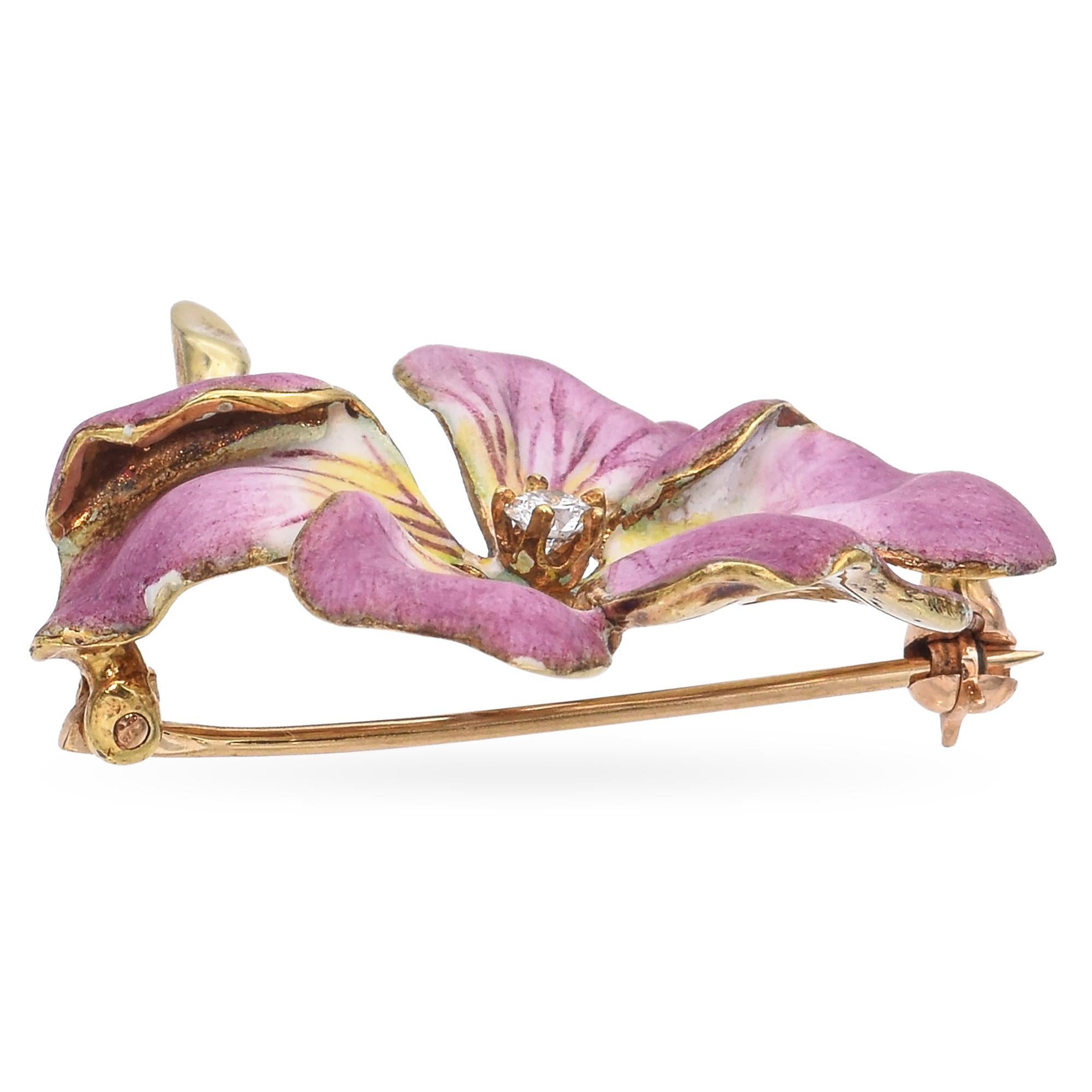 Donna Spilla antica Larter & Sons in oro giallo 14k con smalto e diamanti a forma di viola del pensiero in vendita