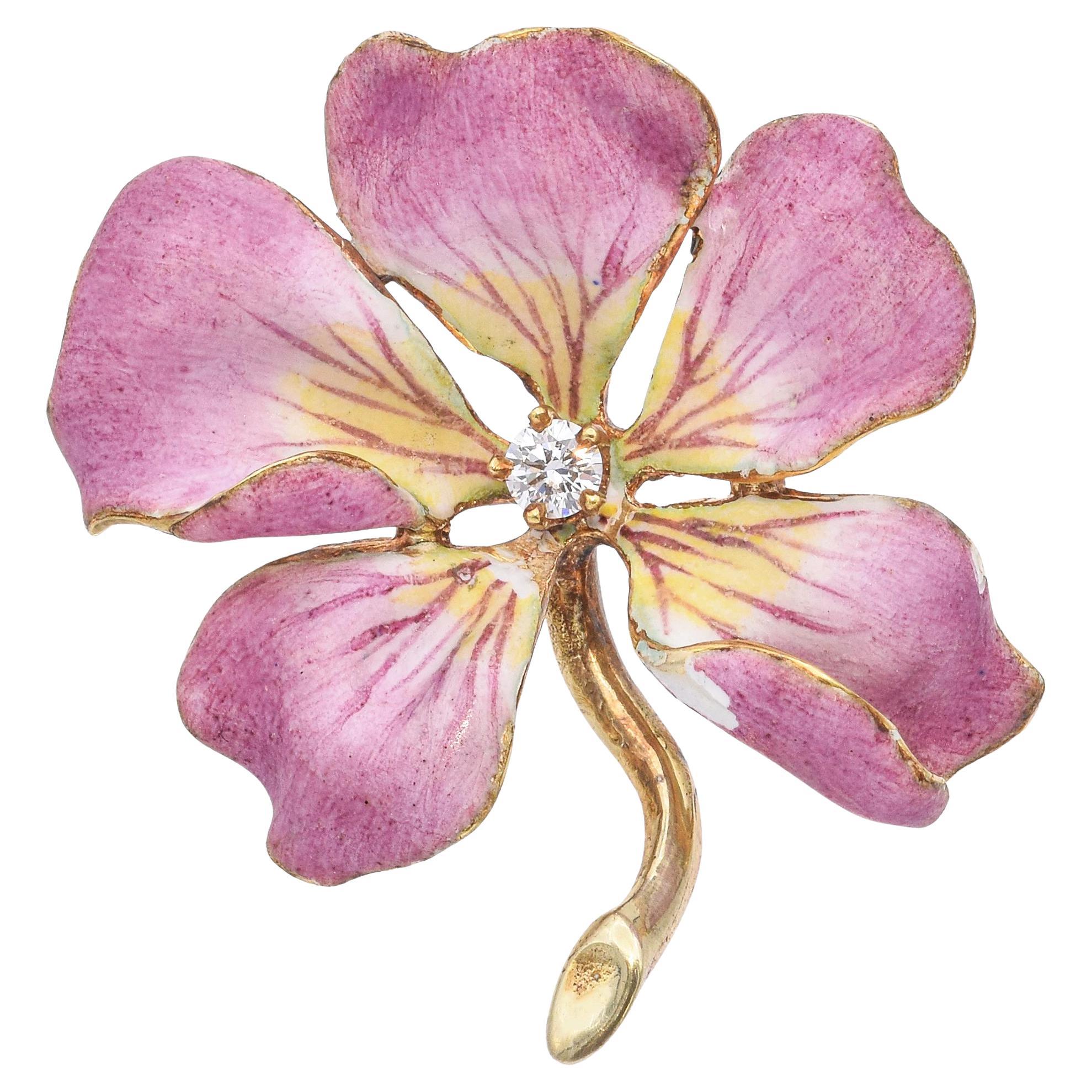 Antique Larter & Sons 14k Yellow Gold Enamel Diamond Pansy Brooch
