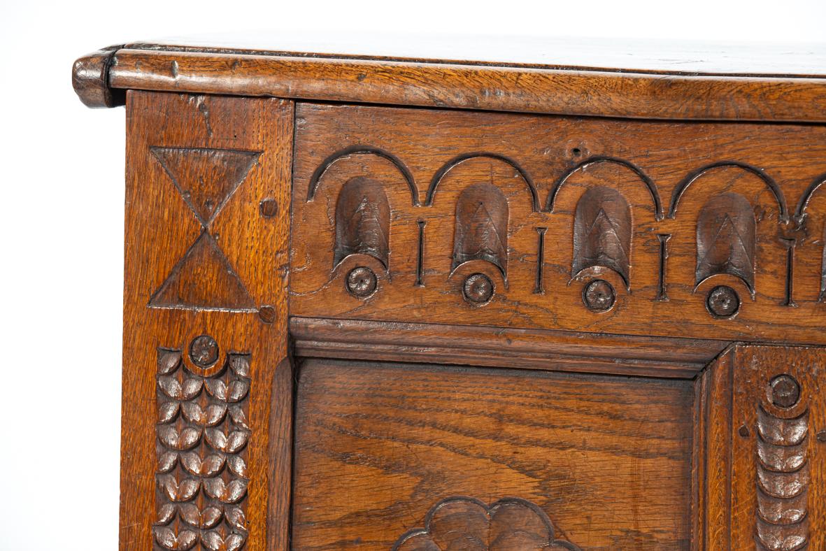 Antique late 17th century English honey color chest or trunk with rich carvings For Sale 9