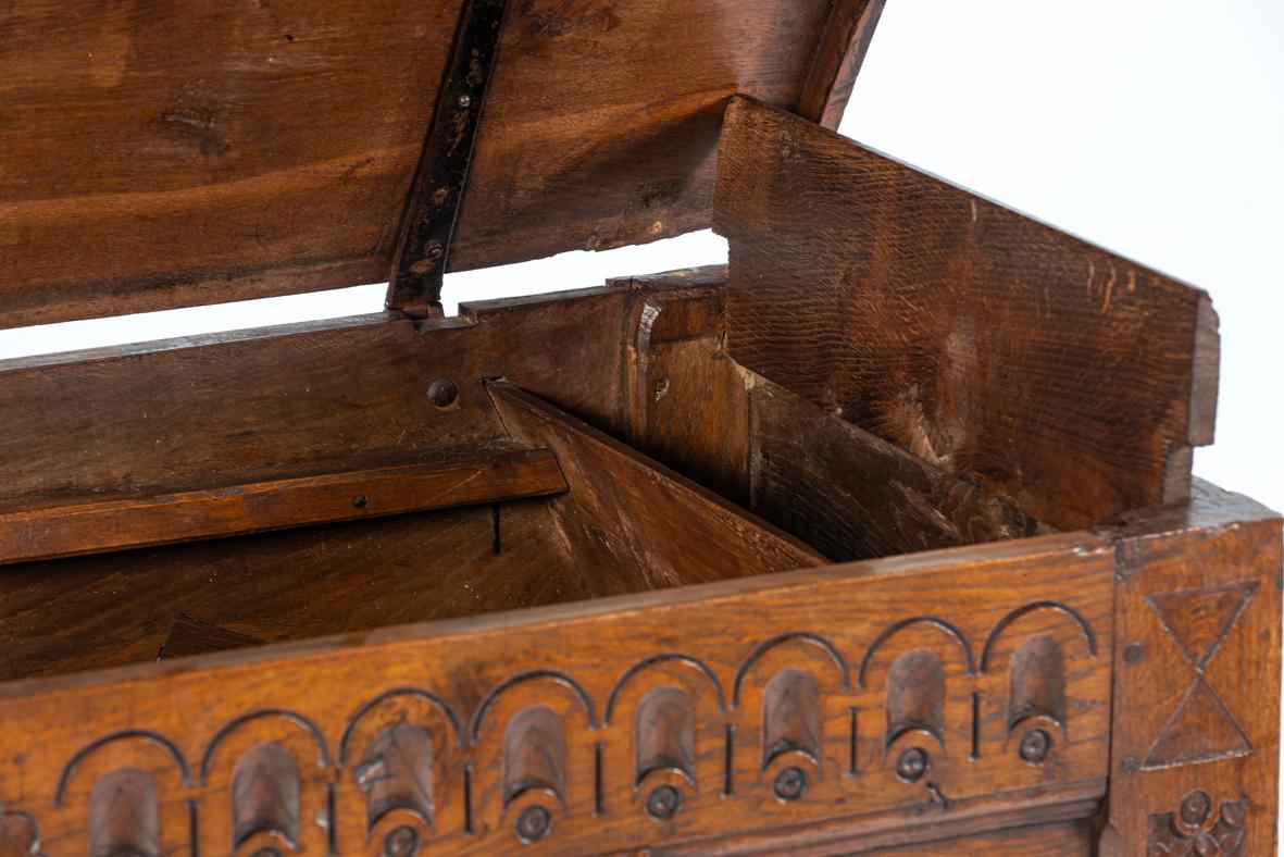 Antique late 17th century English honey color chest or trunk with rich carvings For Sale 10