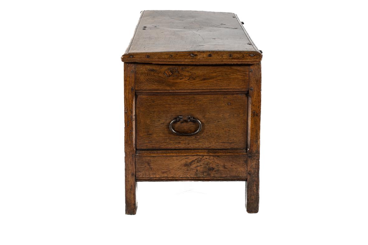Carved Antique late 17th century English honey color chest or trunk with rich carvings For Sale