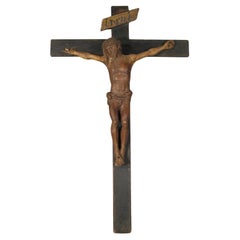 Crucifijo antiguo de madera tallada de finales del siglo XVII/principios del XVIII -1Y51