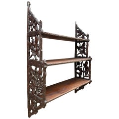 Antique Late 1800s Black Forest Handcrafted Walnut Hanging Wall Shelves / Rack