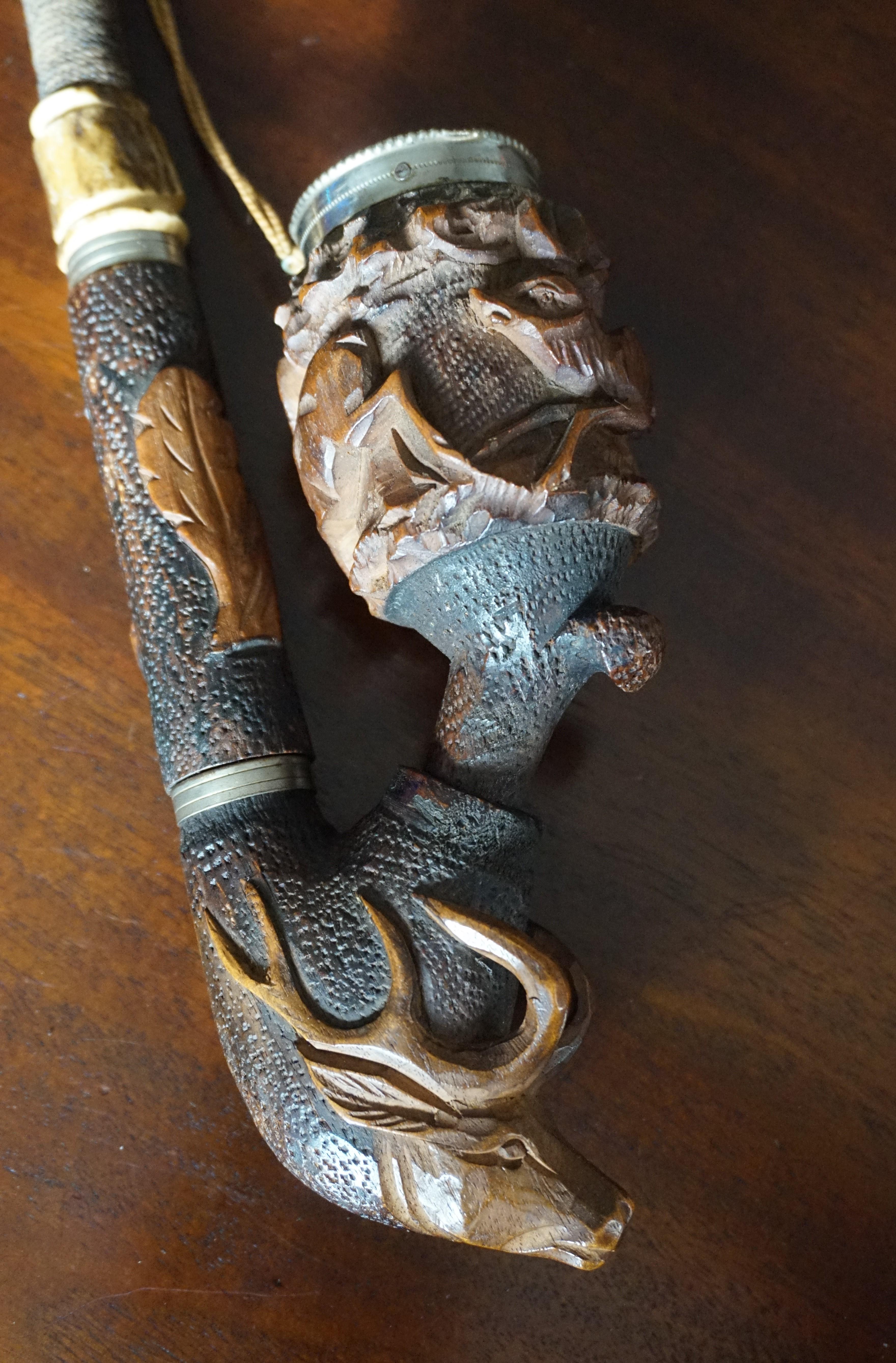 Antique Late 1800s Black Forest Pipe with Hand Carved Deer and Stag Sculptures For Sale 2