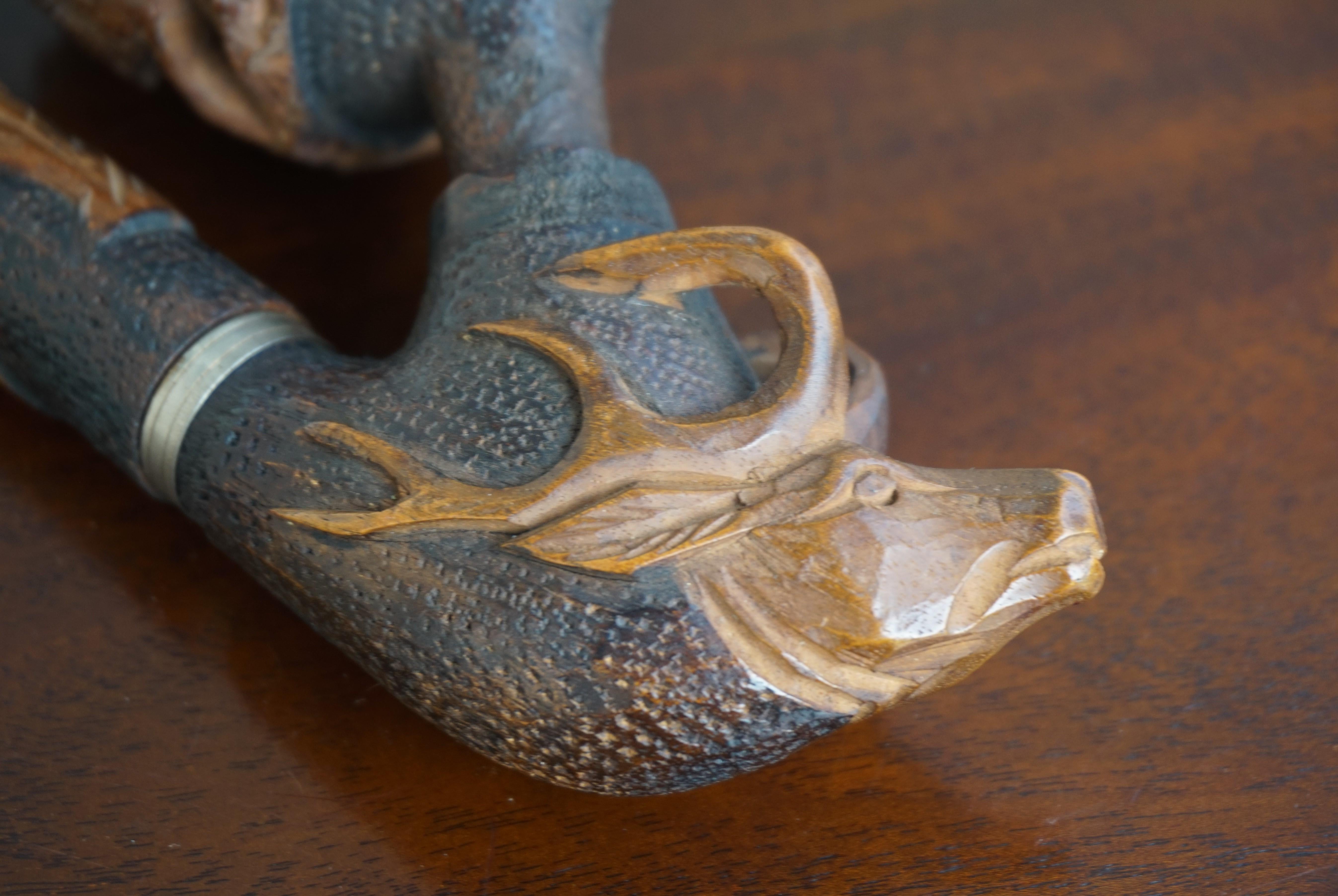 Antique Late 1800s Black Forest Pipe with Hand Carved Deer and Stag Sculptures For Sale 6