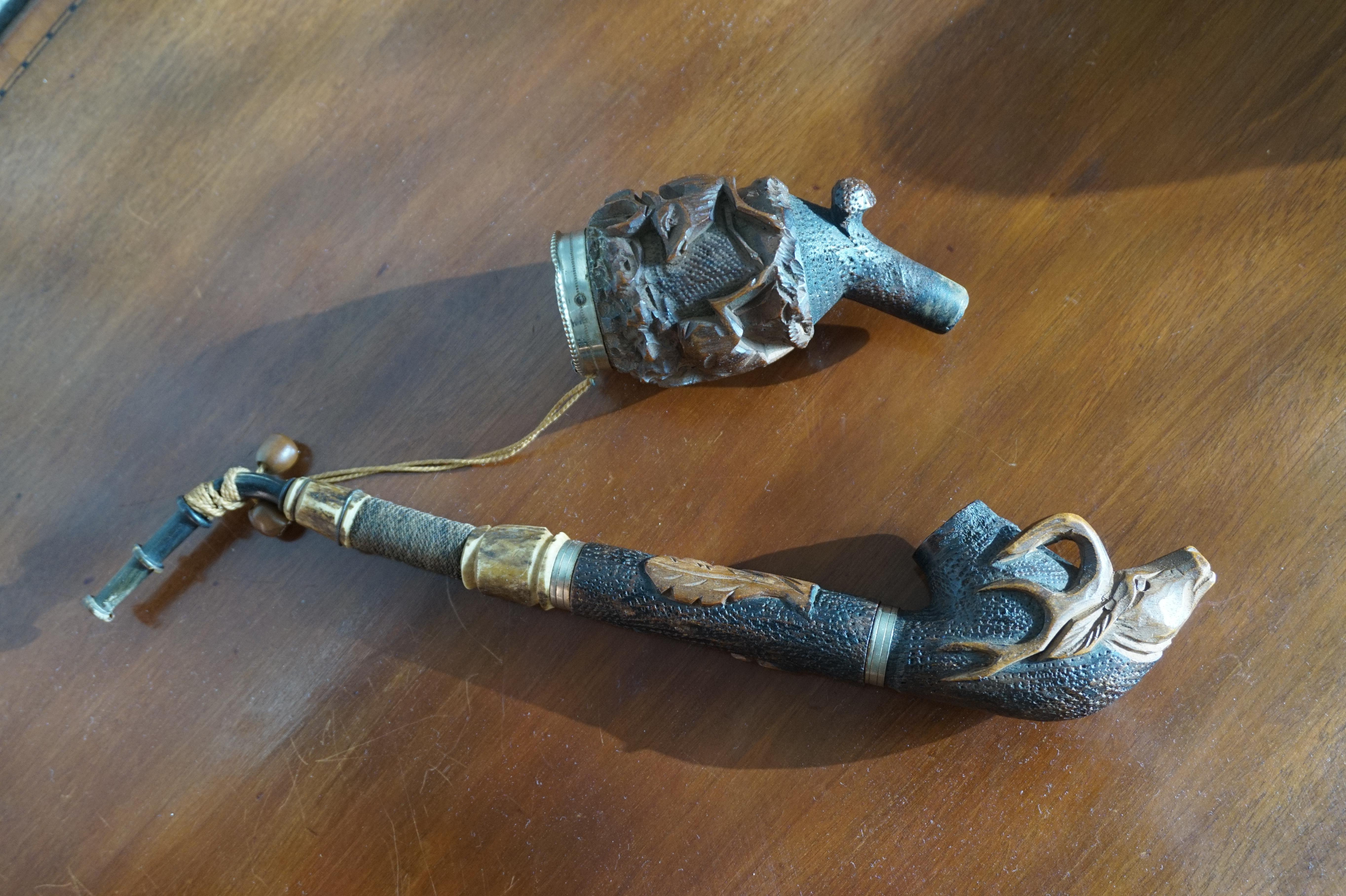 Antique Late 1800s Black Forest Pipe with Hand Carved Deer and Stag Sculptures 9