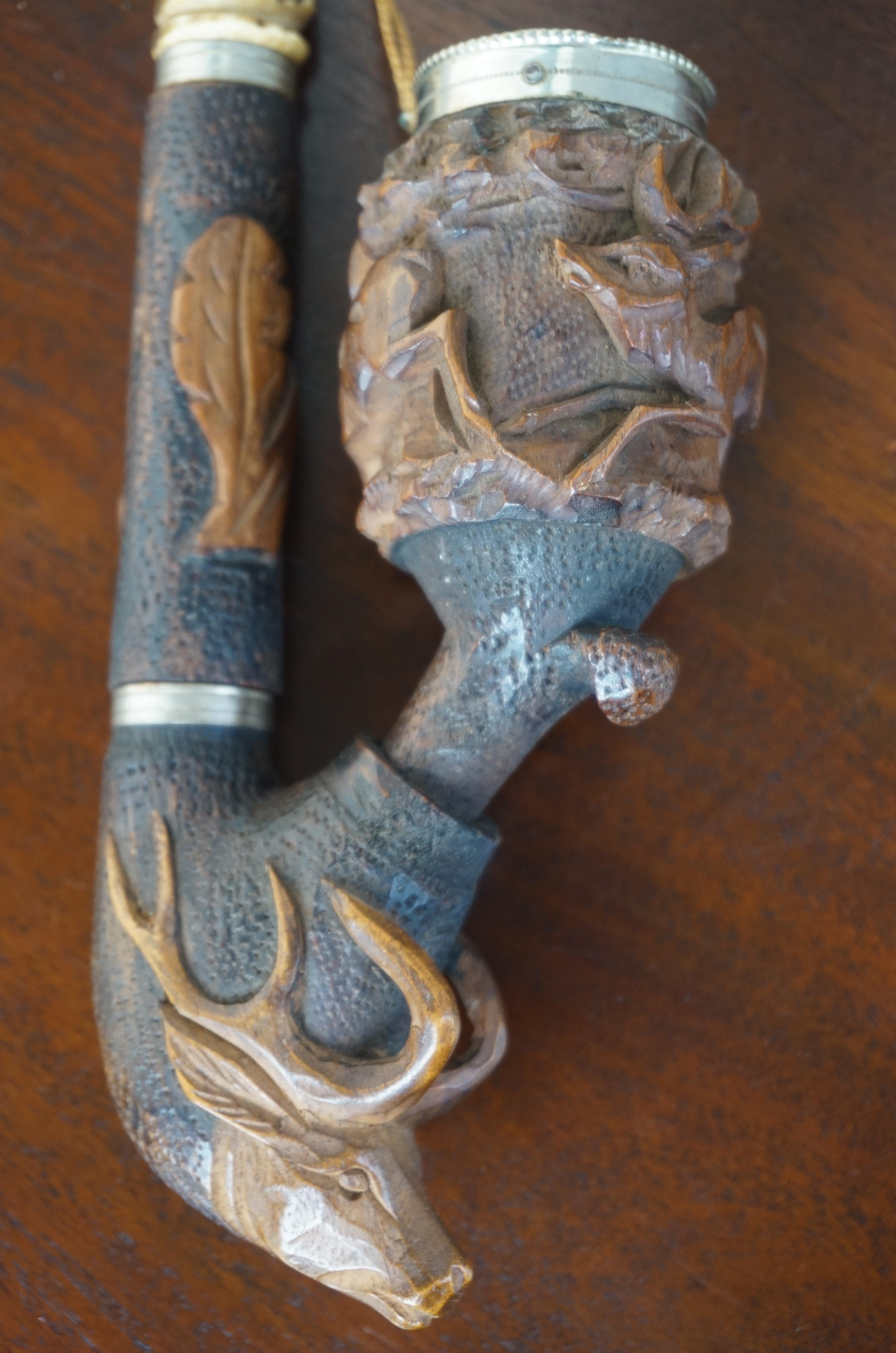 Swiss Antique Late 1800s Black Forest Pipe with Hand Carved Deer and Stag Sculptures For Sale