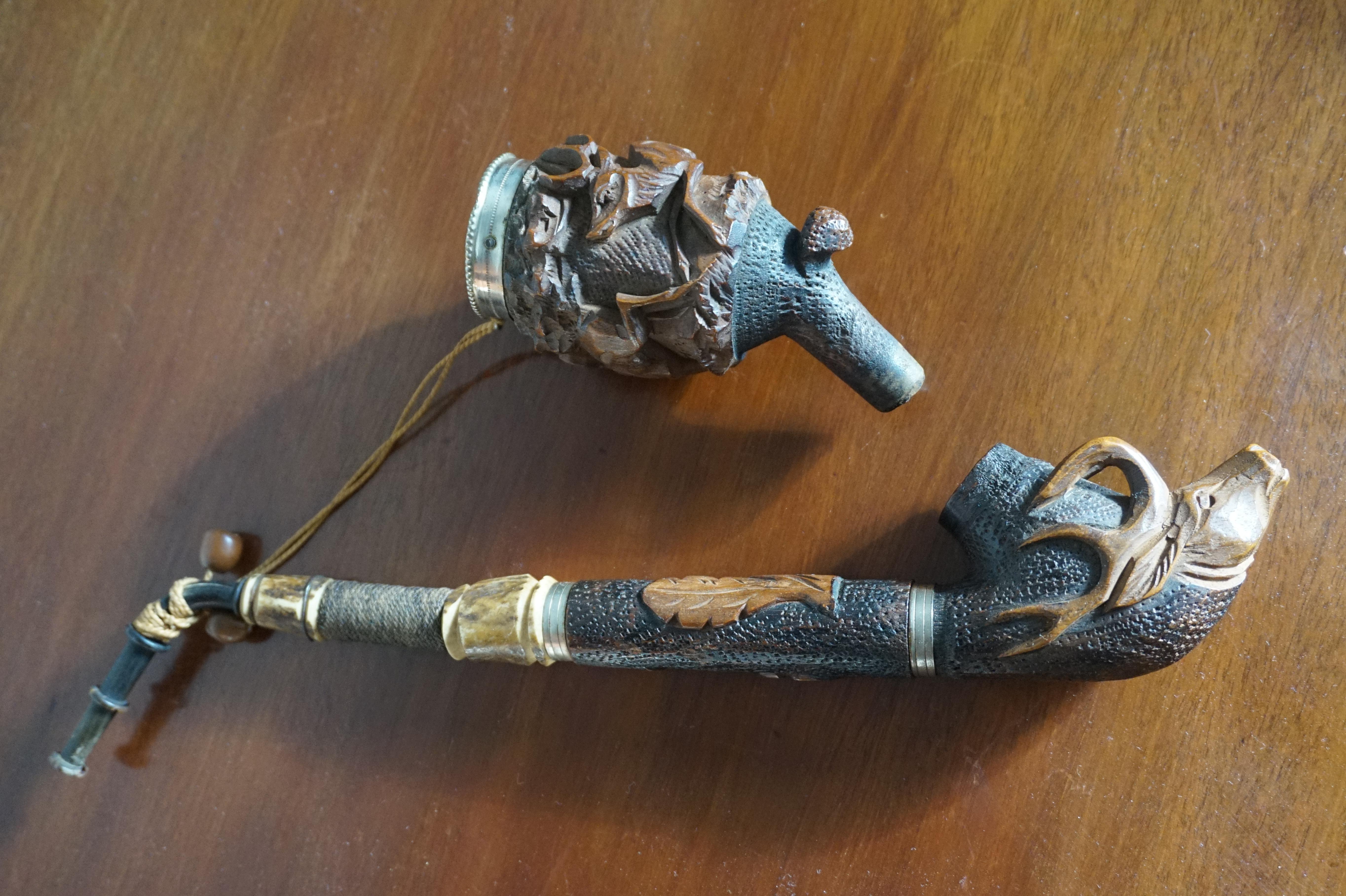 19th Century Antique Late 1800s Black Forest Pipe with Hand Carved Deer and Stag Sculptures