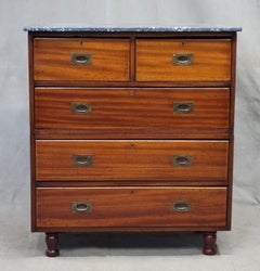 Antique Late 1800s English Mahogany Campaign Chest of Drawers with Marble