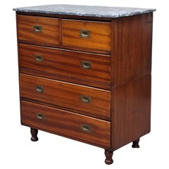 Antique Late 1800s English Mahogany Campaign Chest of Drawers with Marble