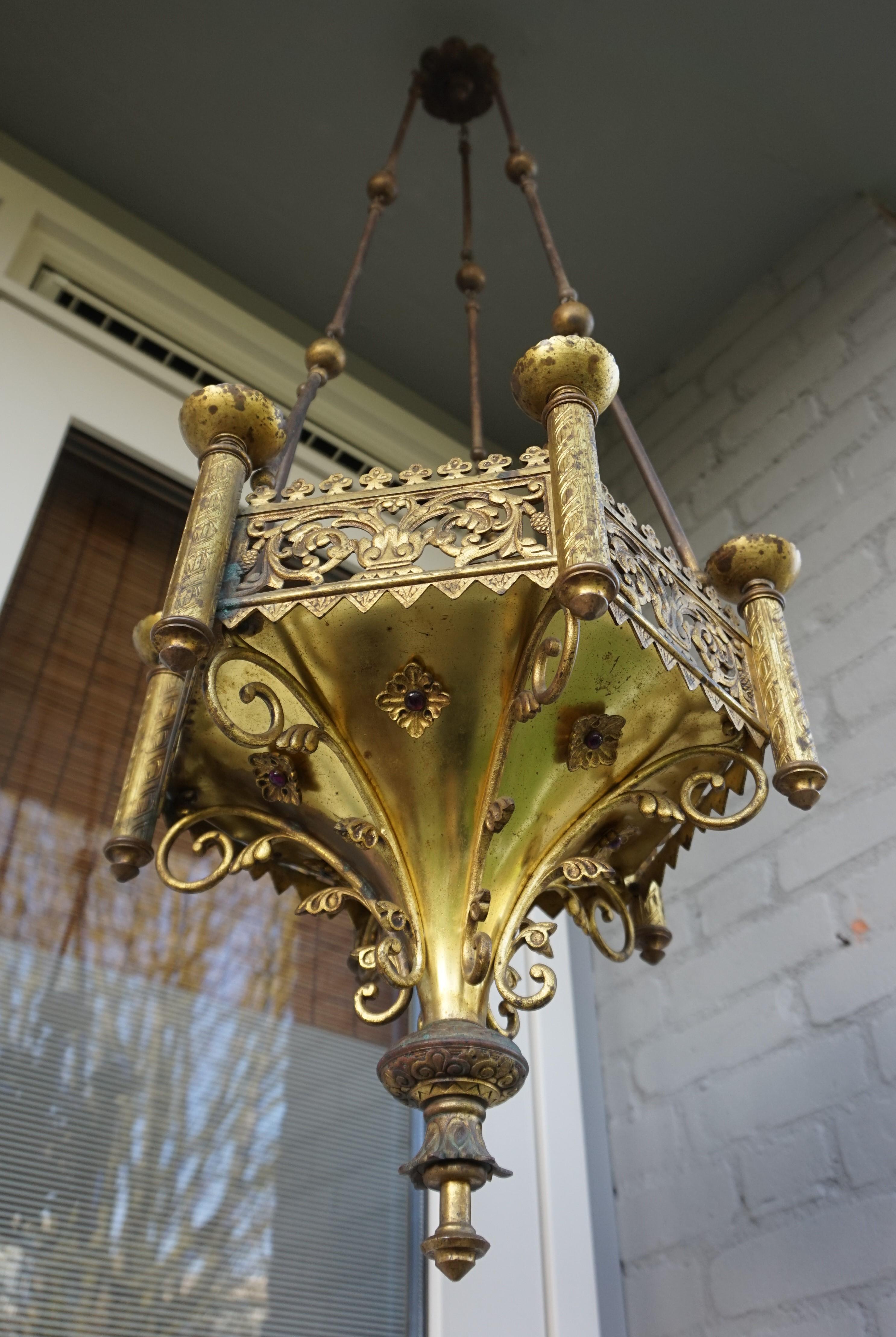 Antique Late 1800s Gothic Revival Gilt Bronze Church Candle Chandelier / Pendant For Sale 2