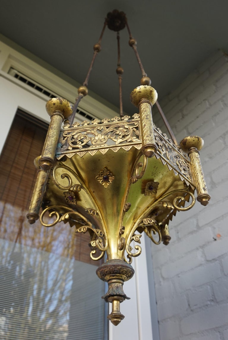 Antique Late 1800s Gothic Revival Gilt Bronze Church Candle Chandelier