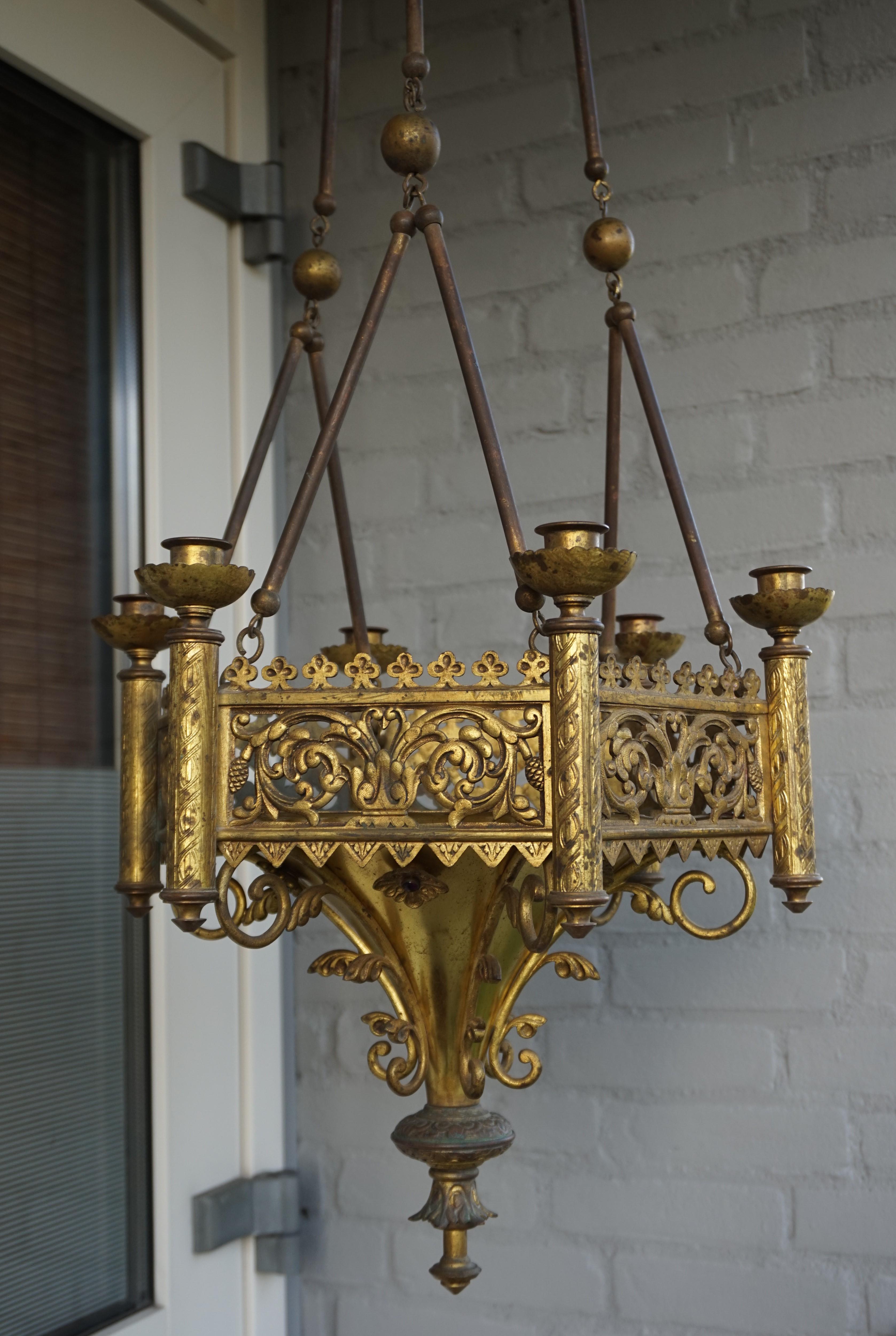 Antique Late 1800s Gothic Revival Gilt Bronze Church Candle Chandelier / Pendant For Sale 3