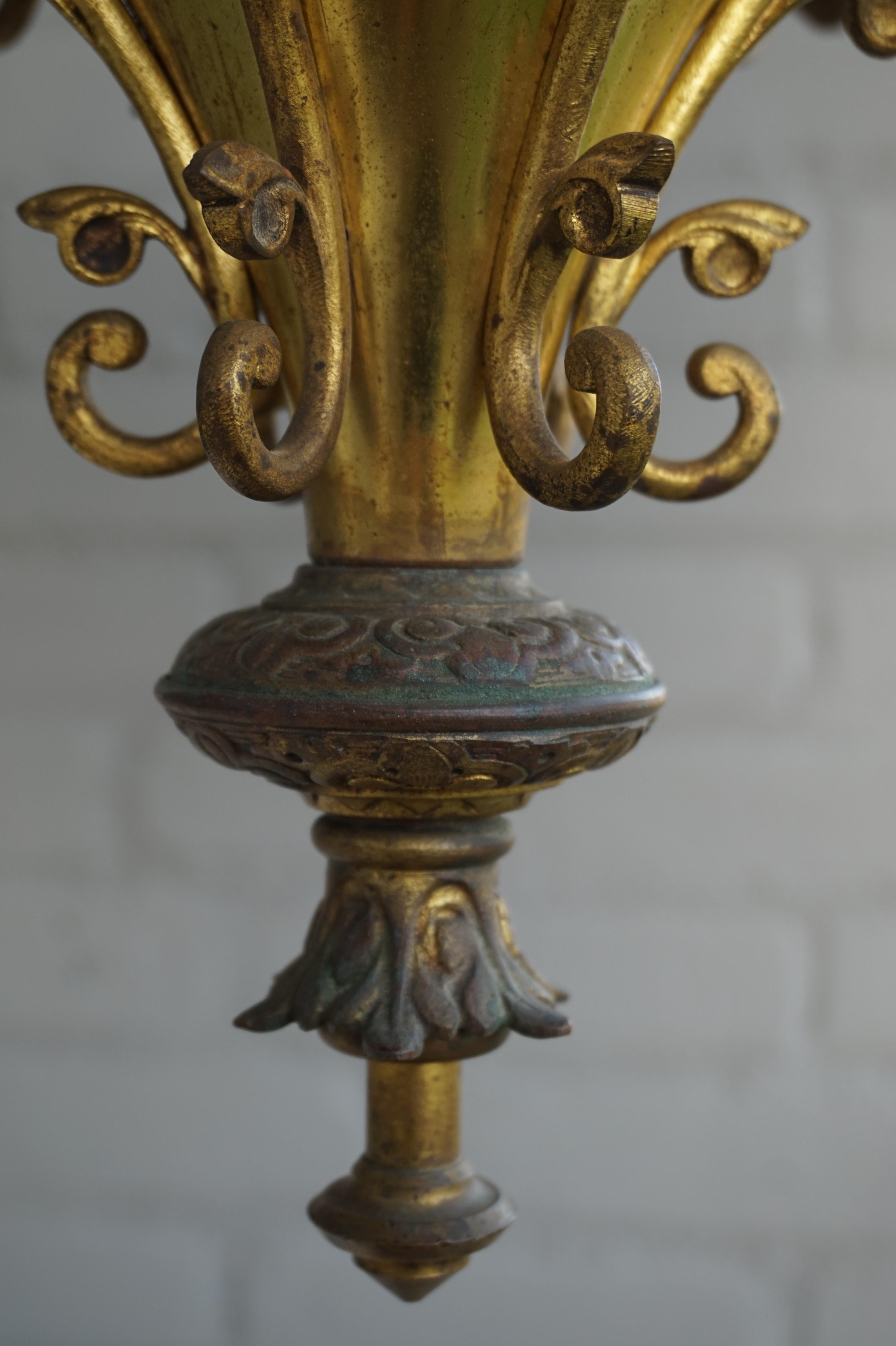 Antique Late 1800s Gothic Revival Gilt Bronze Church Candle Chandelier / Pendant For Sale 4