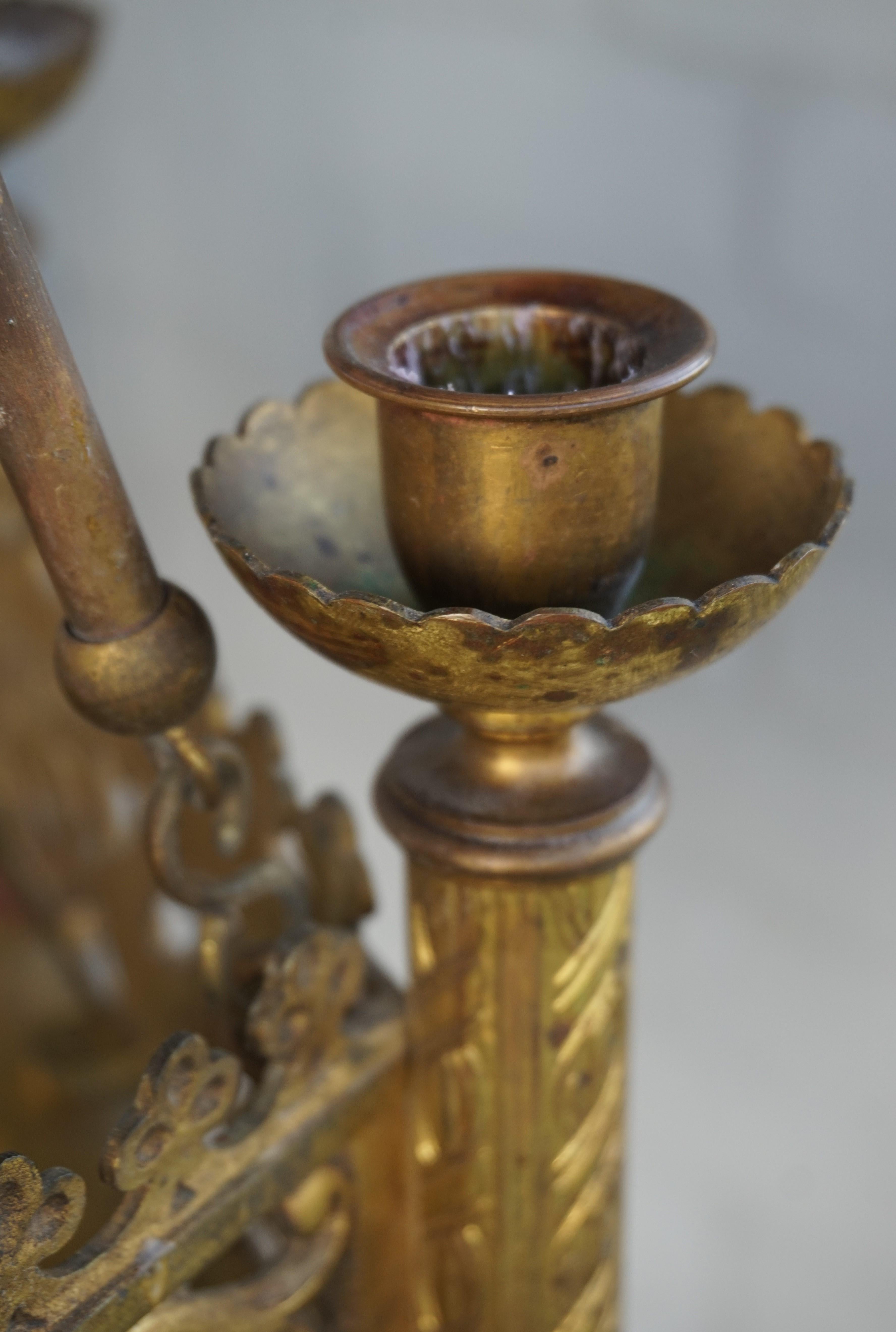 Antique Late 1800s Gothic Revival Gilt Bronze Church Candle Chandelier / Pendant For Sale 8