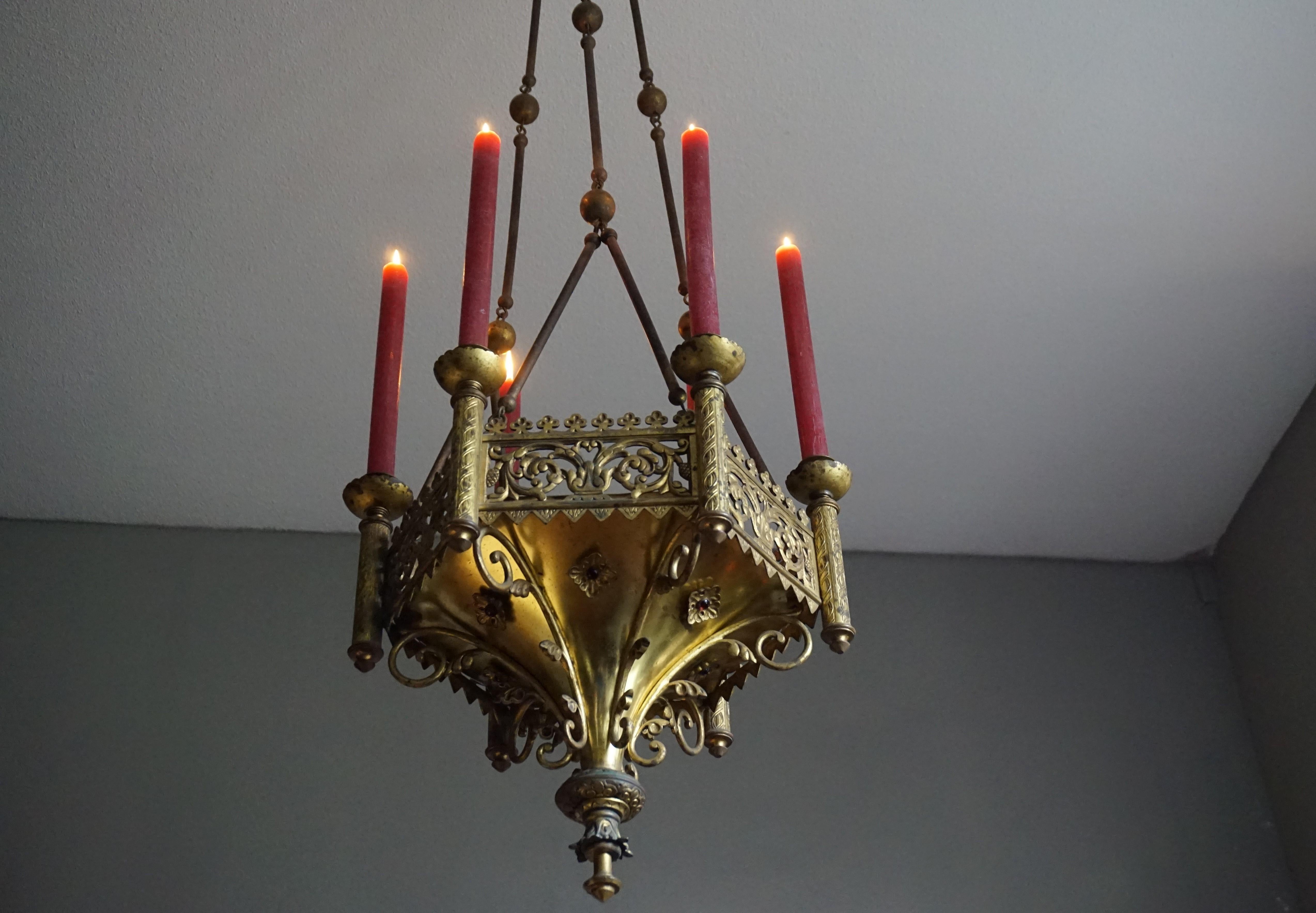 Antique Late 1800s Gothic Revival Gilt Bronze Church Candle Chandelier / Pendant For Sale 9