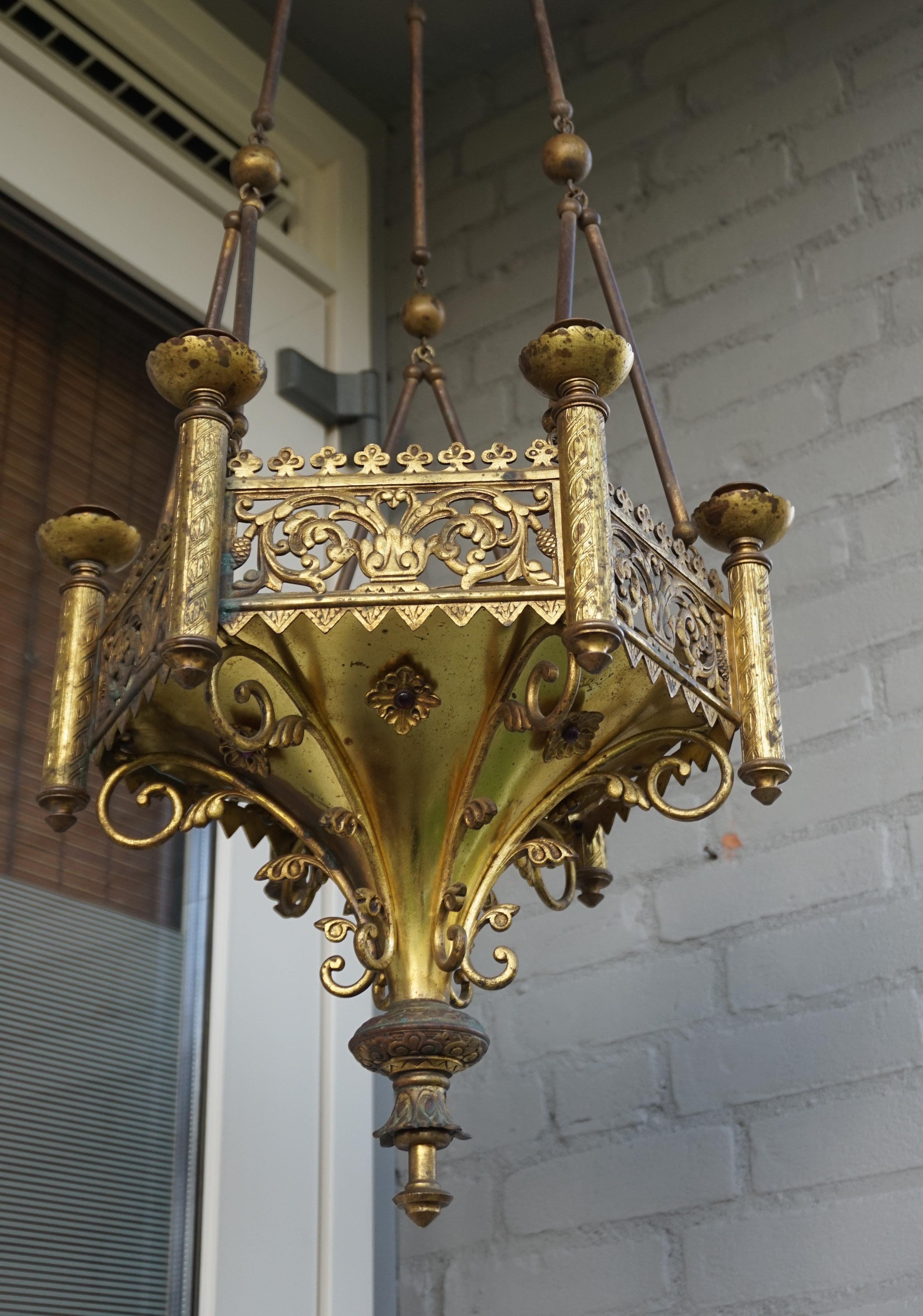 Antique Late 1800s Gothic Revival Gilt Bronze Church Candle Chandelier / Pendant For Sale 10