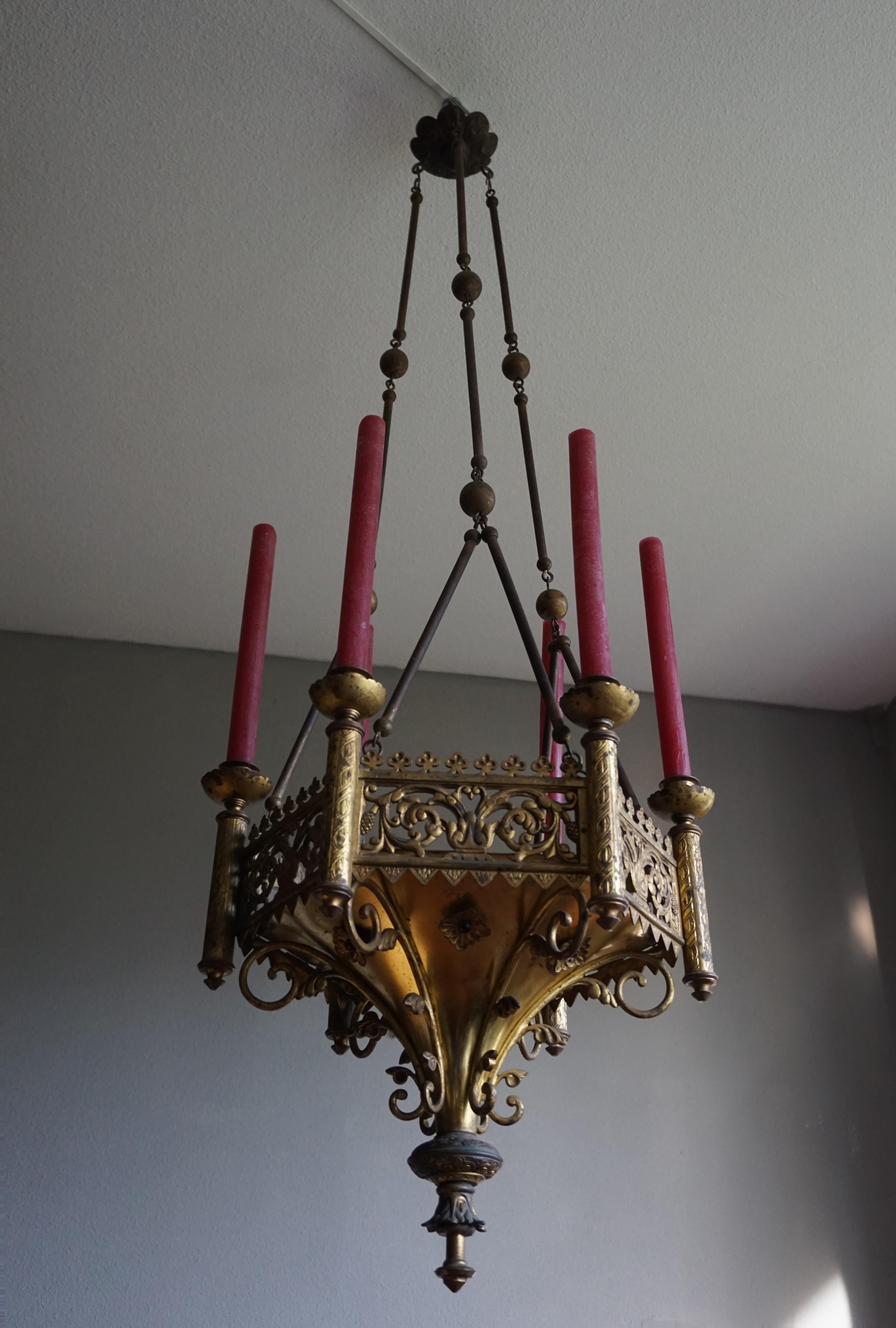 Antique Late 1800s Gothic Revival Gilt Bronze Church Candle Chandelier / Pendant For Sale 11