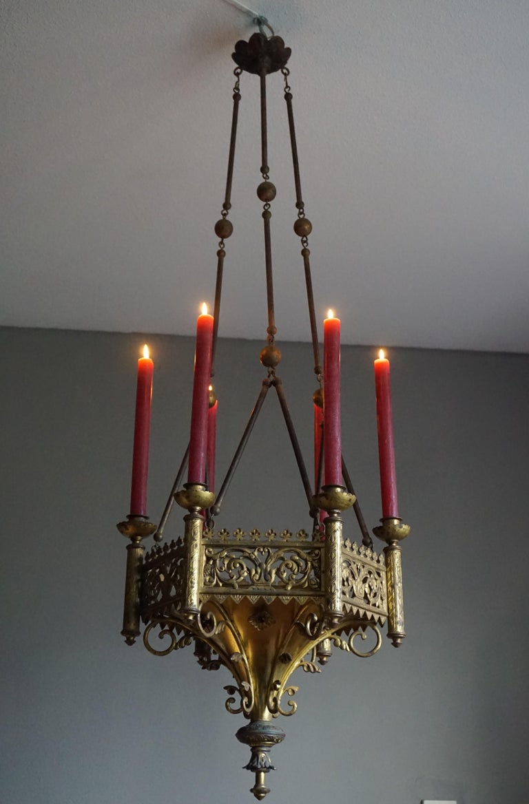Antique Late 1800s Gothic Revival Gilt Bronze Church Candle Chandelier