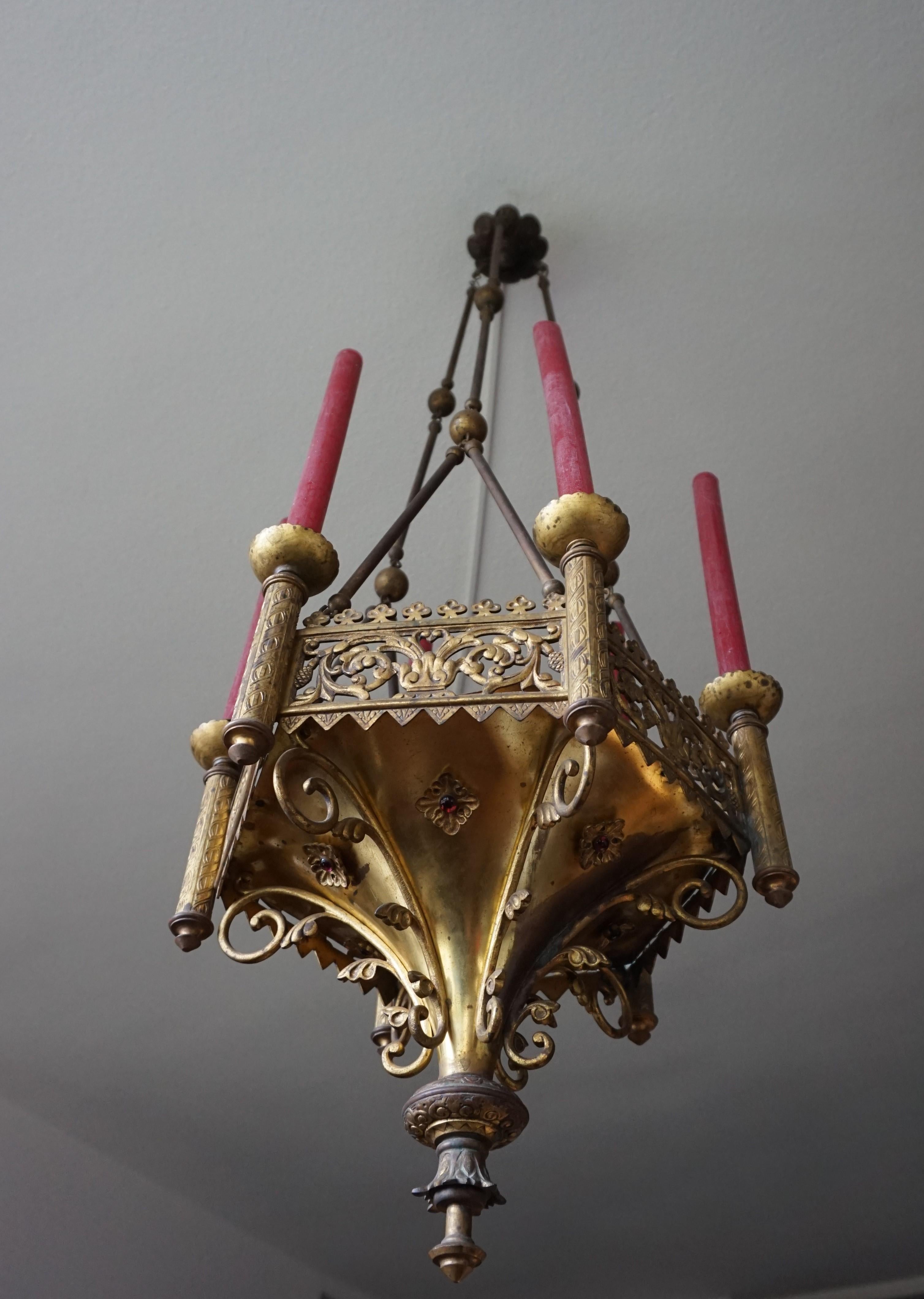 Antique Late 1800s Gothic Revival Gilt Bronze Church Candle Chandelier / Pendant For Sale 12