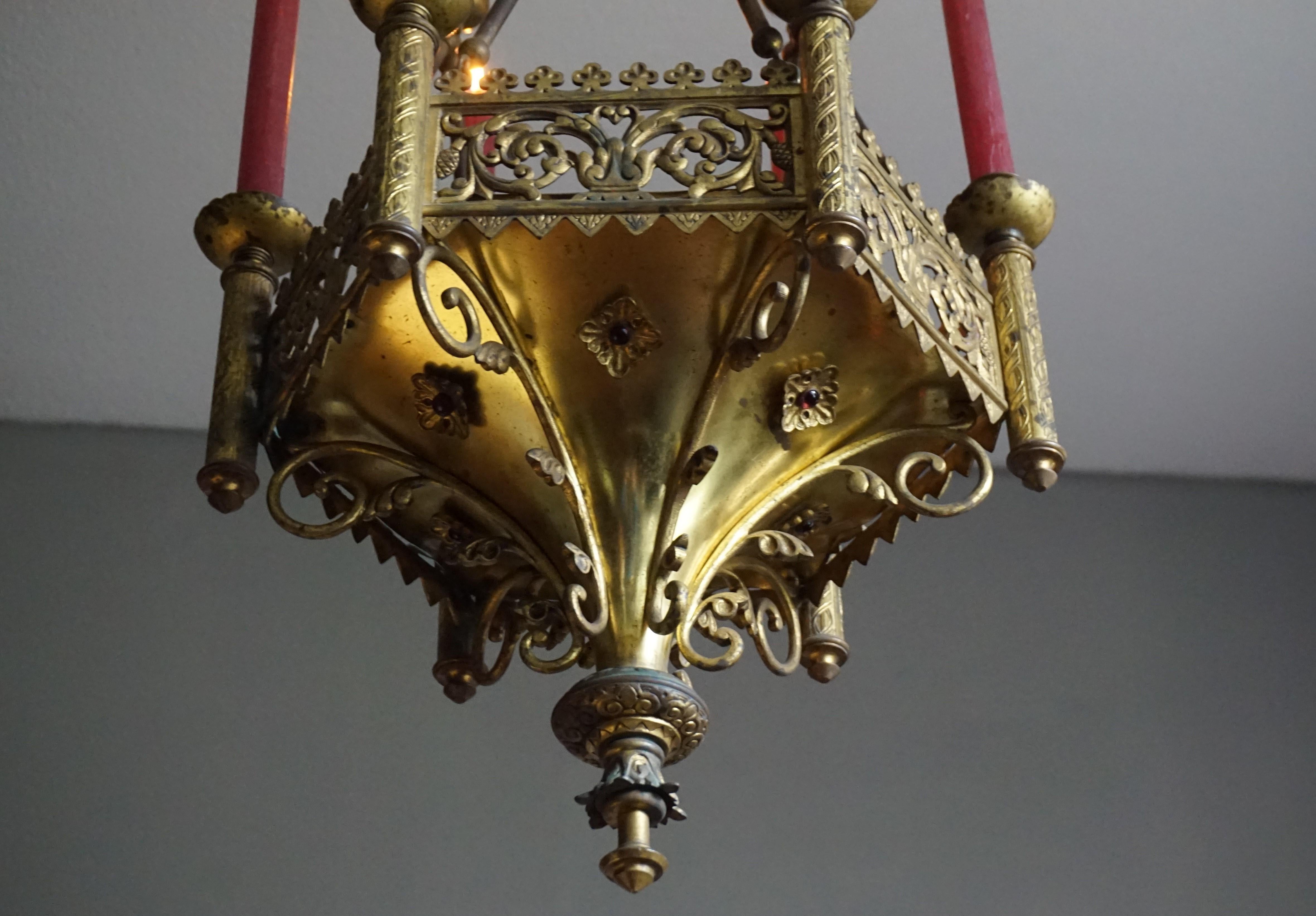 Hand-Crafted Antique Late 1800s Gothic Revival Gilt Bronze Church Candle Chandelier / Pendant