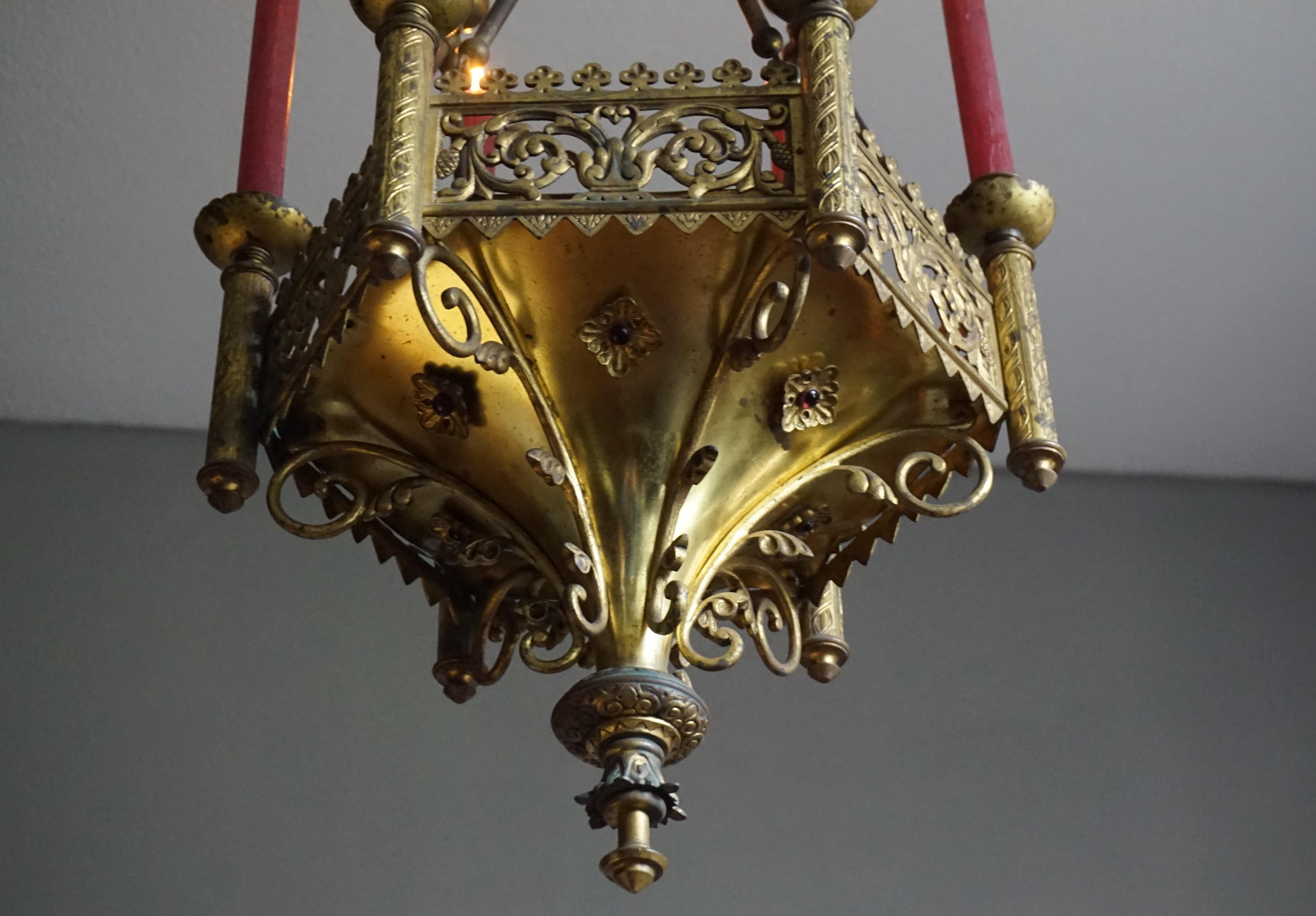 Hand-Crafted Antique Late 1800s Gothic Revival Gilt Bronze Church Candle Chandelier / Pendant For Sale