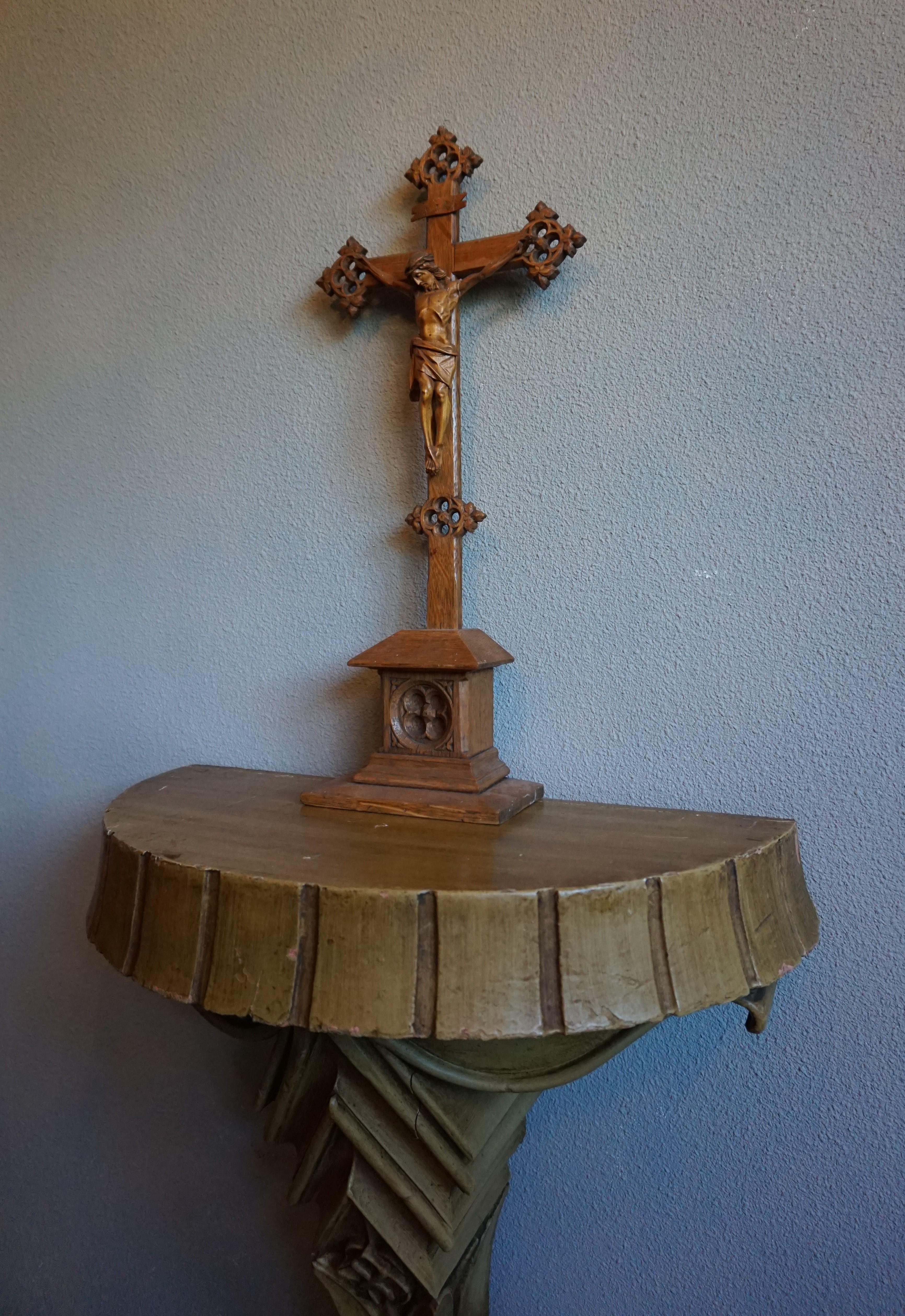 Wood Antique Late 1800s Handcrafted Gothic Revival Church Wall Console or Side Table
