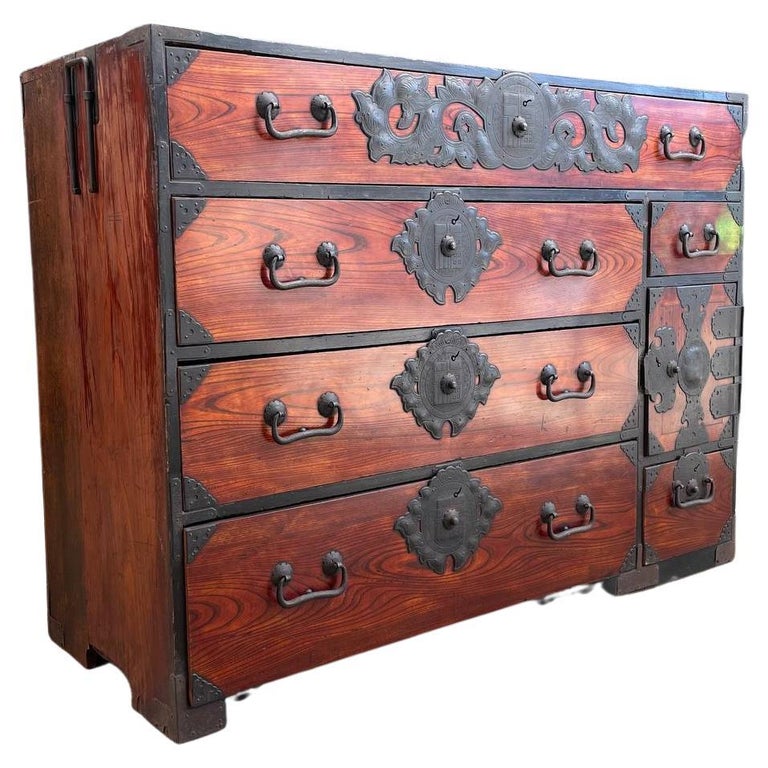 Antique Late 1800s Japanese Cedar Tansu Chest of Drawers Dresser
