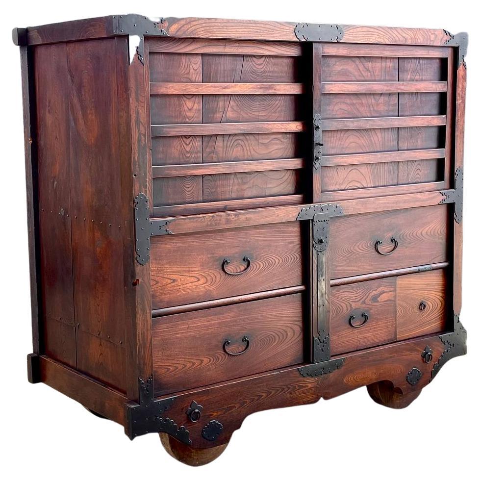 Antique Late 1800’s Japanese Rolling Tansu Chest of Drawers Dresser  For Sale