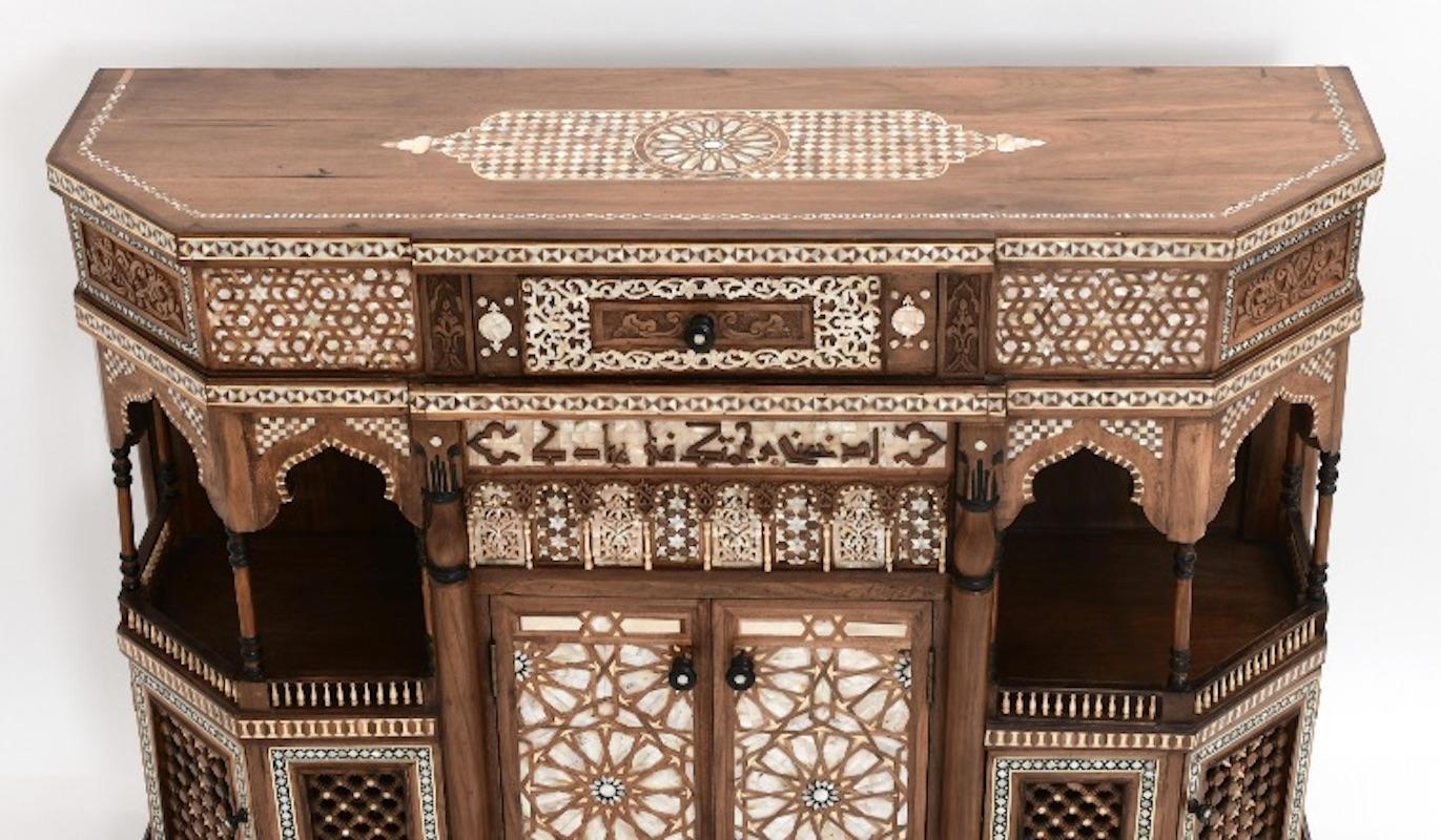 Hand-Carved Antique Late 1800s Moorish Inlaid & Carved Sideboard / Credenza  For Sale