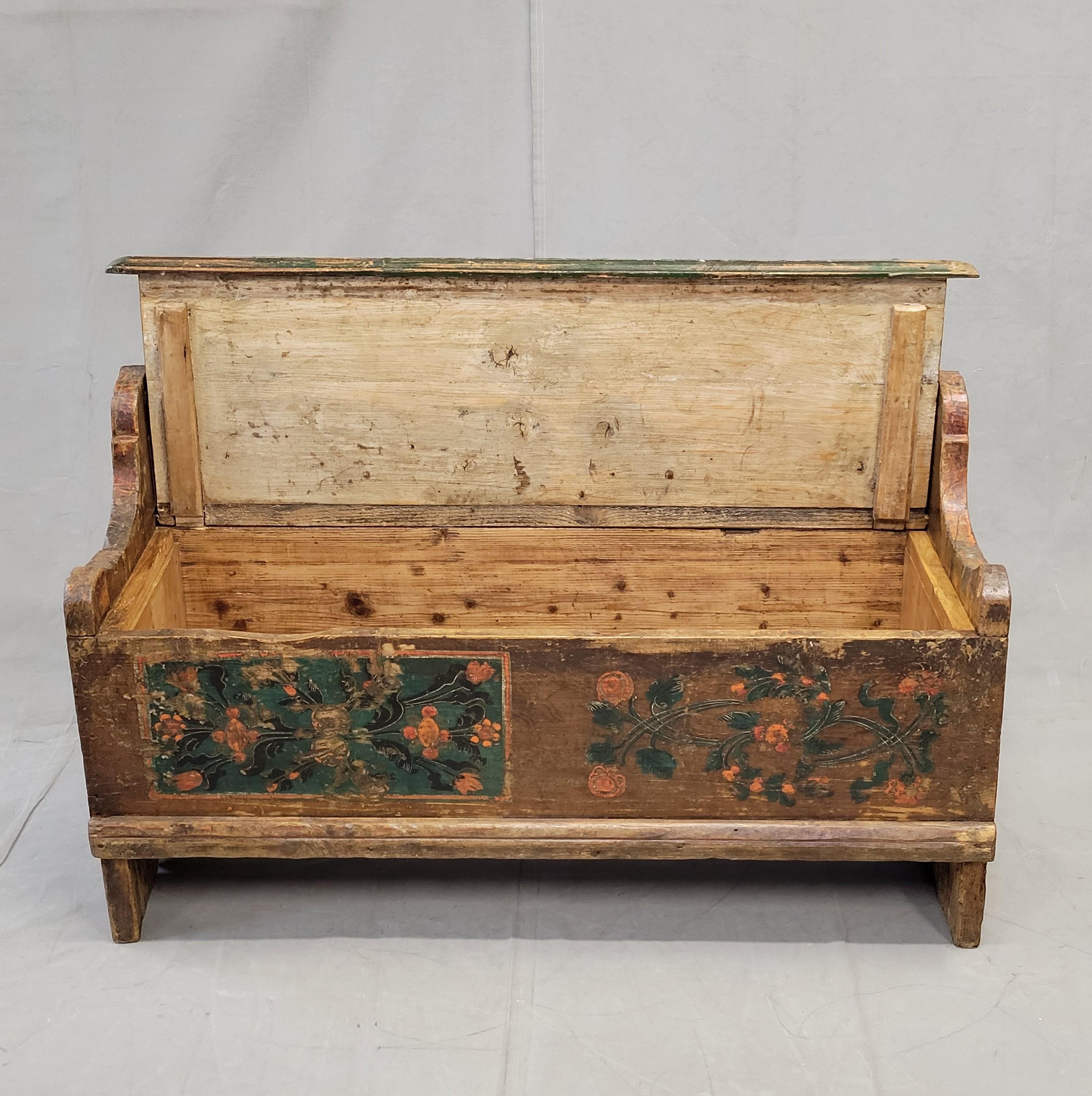 Folk Art Antique Late 1800s Romanian Painted Pine Storage Bench
