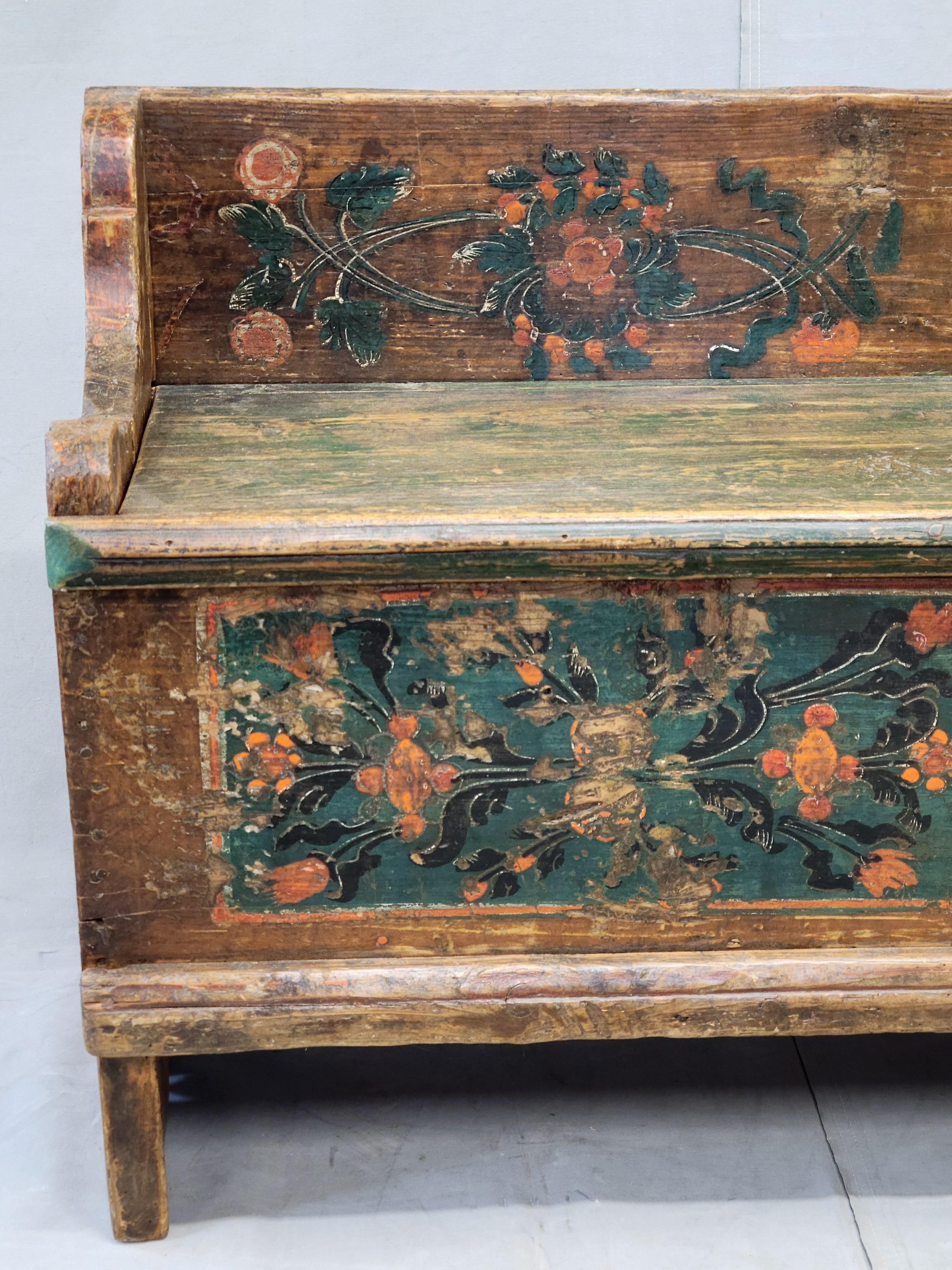 Hand-Crafted Antique Late 1800s Romanian Painted Pine Storage Bench
