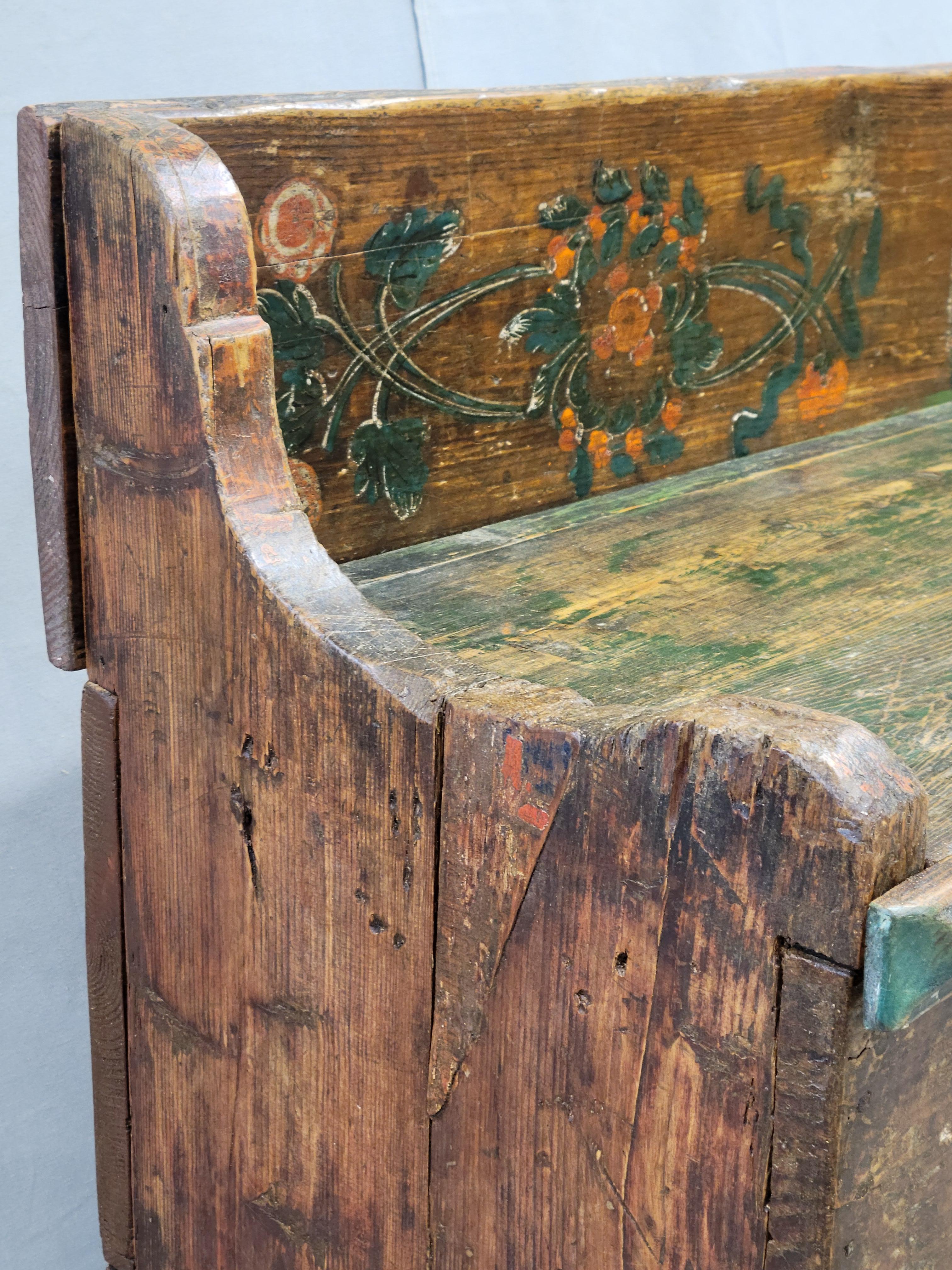 19th Century Antique Late 1800s Romanian Painted Pine Storage Bench