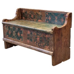 Antique Late 1800s Romanian Painted Pine Storage Bench