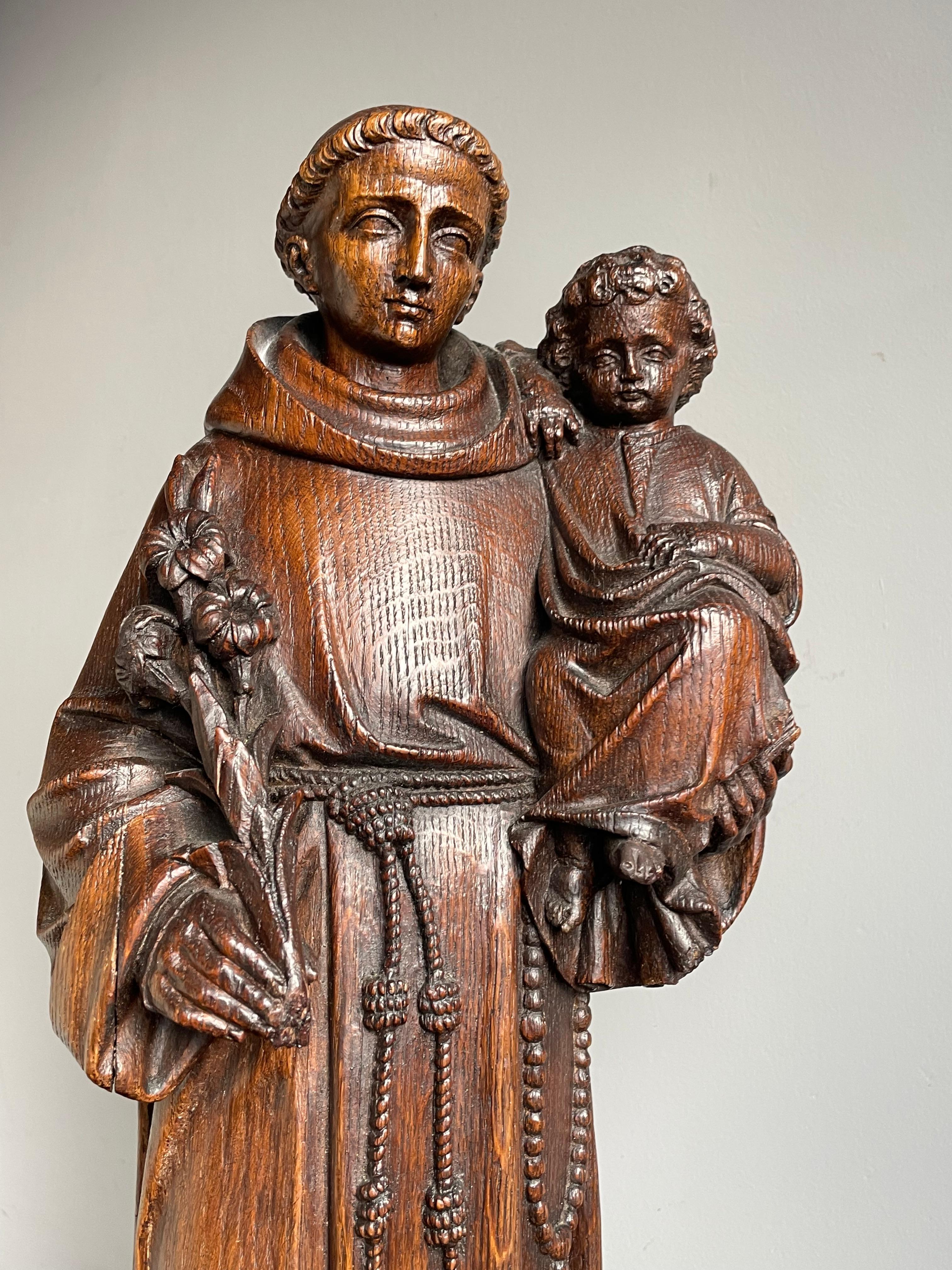 Antique Late 1800s Saint Anthony of Padua with Child Sculpture, Hand Carved Oak For Sale 2